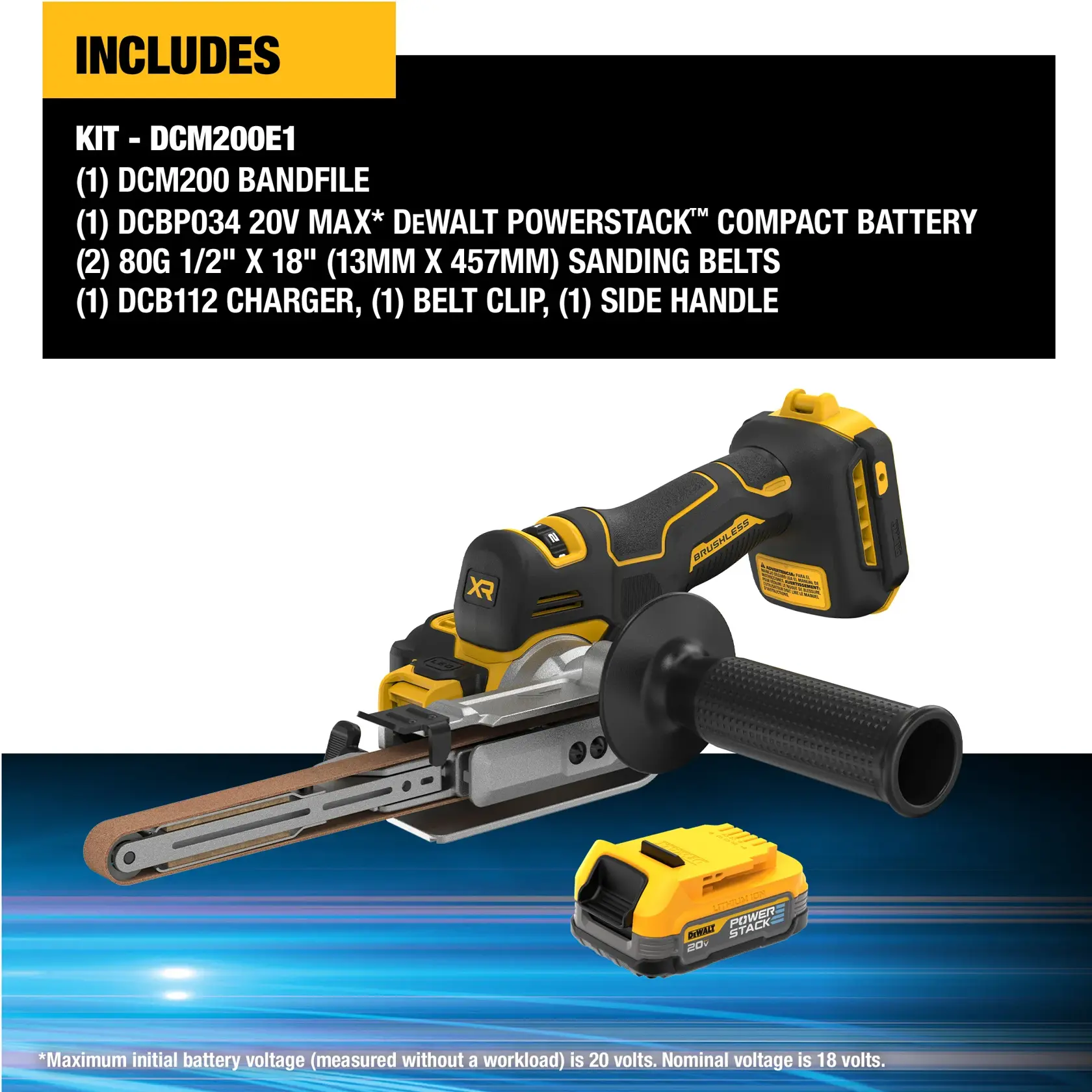 Image of DEWALT 18 inch Bandfile with POWERSTACK Battery on white background detailing what the kit includes. 