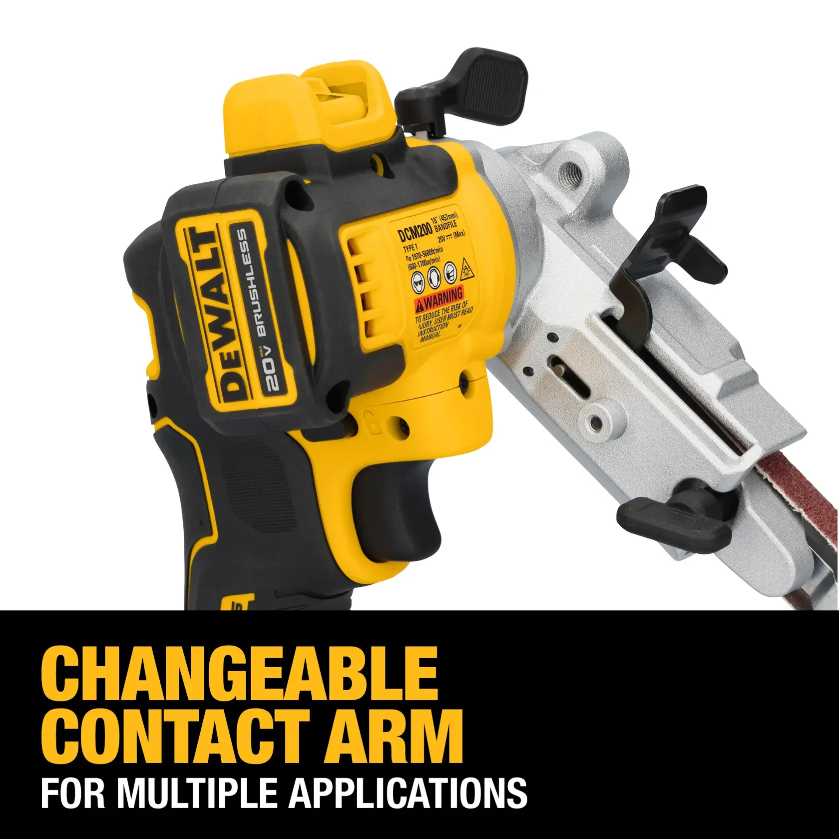 Carousel graphic of DEWALT 18 inch Bandfile to highlight changeable contact arm. 