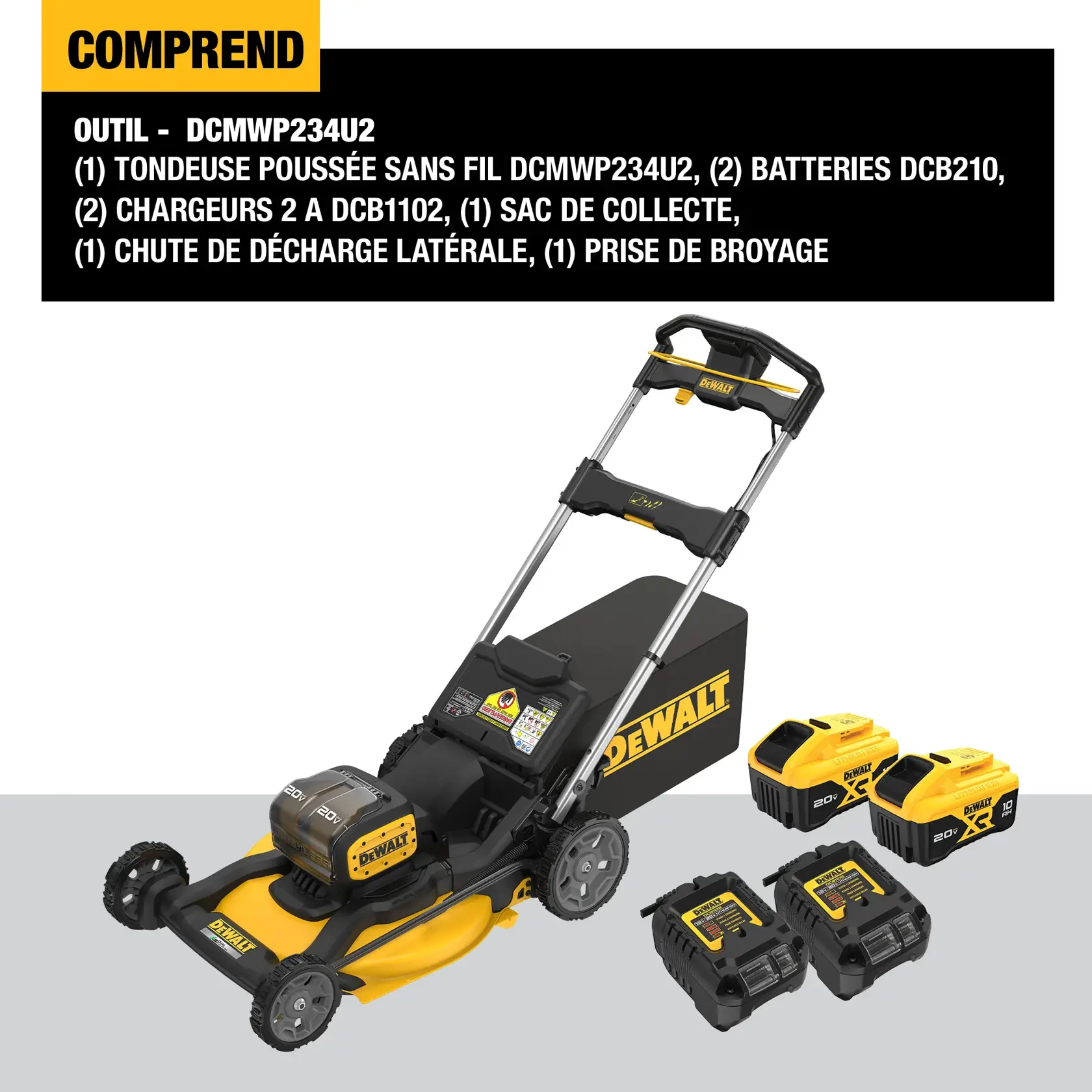 Includes DCMWP234U2 Push Mower, (2) DCB210 batteries, (2) DCB1104 4A Chargers, grass bag, rear side discharge chute, and mulch plug