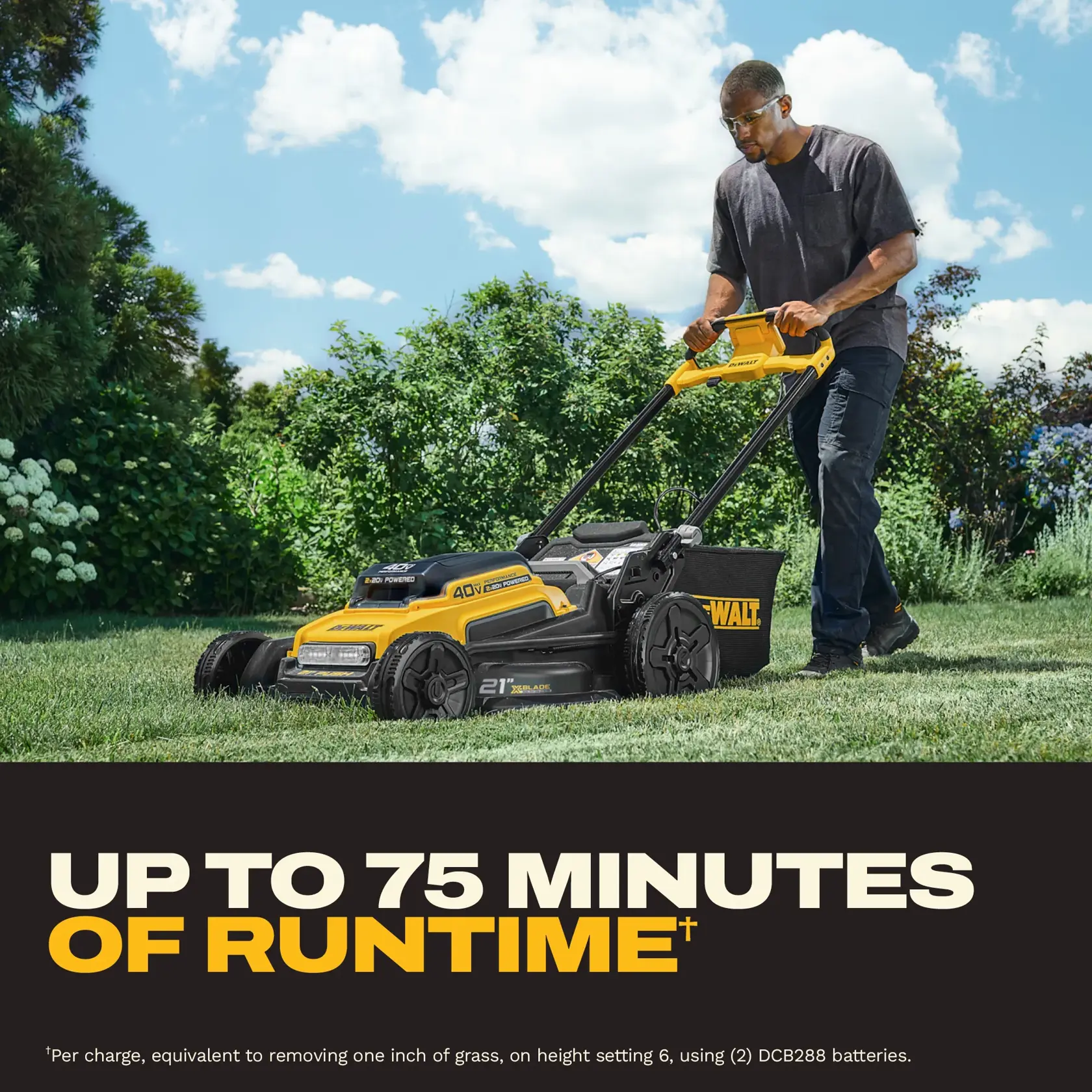 Man using a DEWALT cordless lawn mower outdoors, with a sign showing up to 75 minutes of runtime.