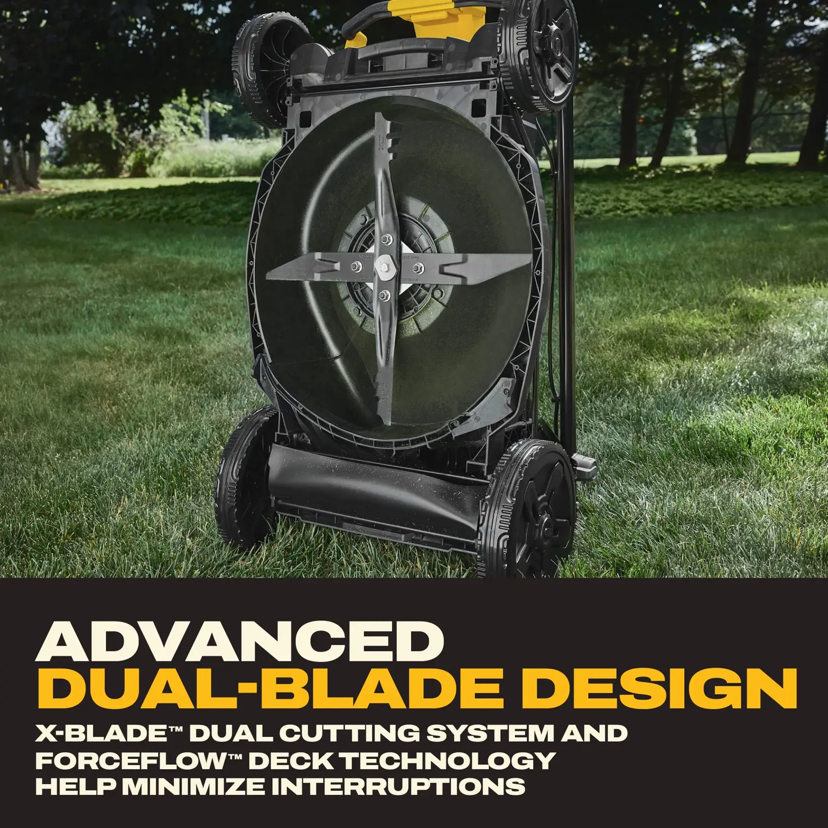DEWALT mower underside showing dual blades and highlighting advanced cutting system for efficient mowing.