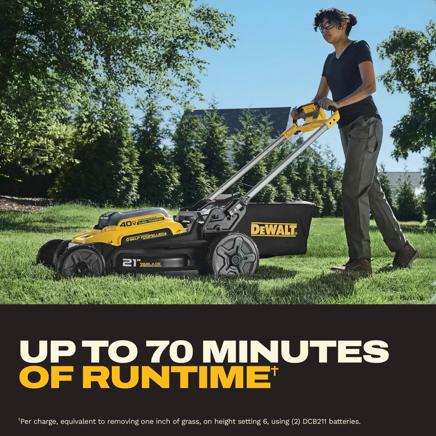 Person using a DEWALT 40V self-propelled lawn mower, showing up to 70 minutes of runtime claim.