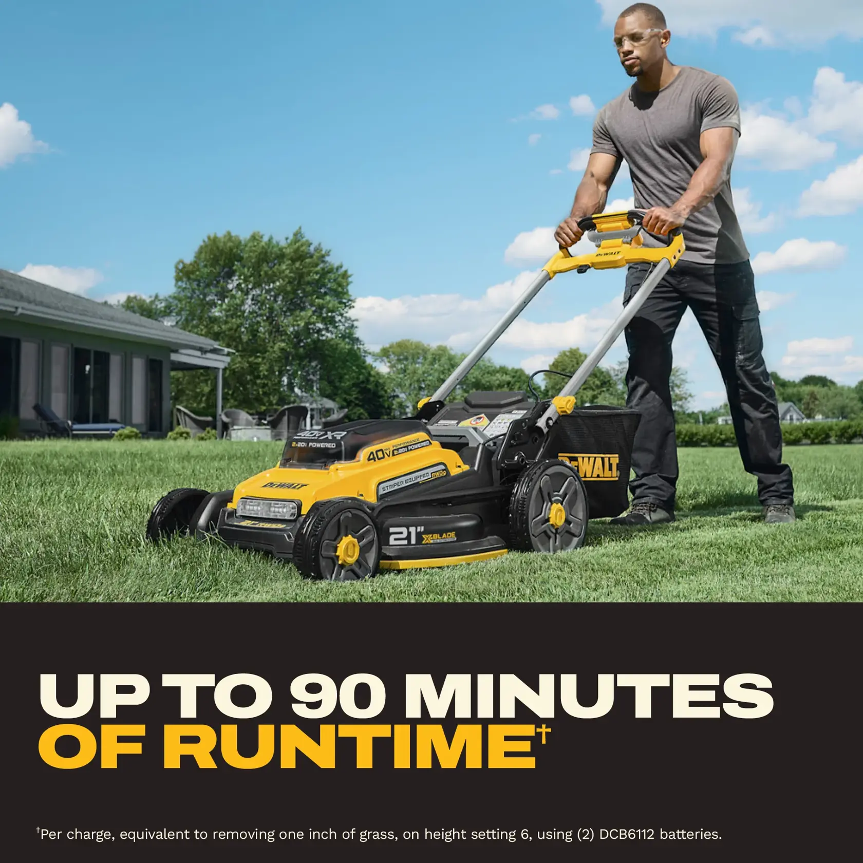 Man mowing lawn with a yellow DEWALT 21-inch cordless mower, runtime up to 90 minutes, house in background.