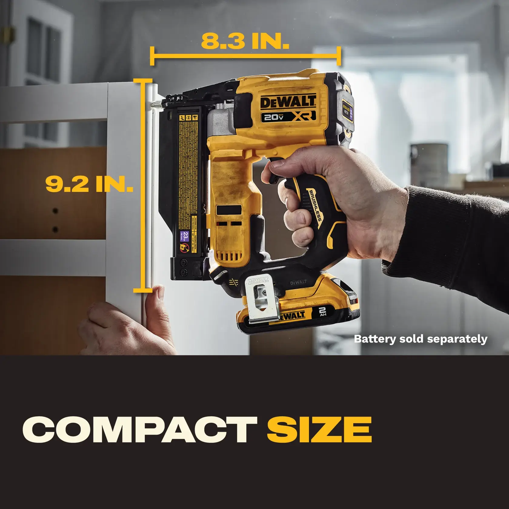 A person using a DEWALT tool to work on floor installation near a wall and a vent opening. The individual is kneeling on the floor, operating the yellow and black tool on a piece of wood.