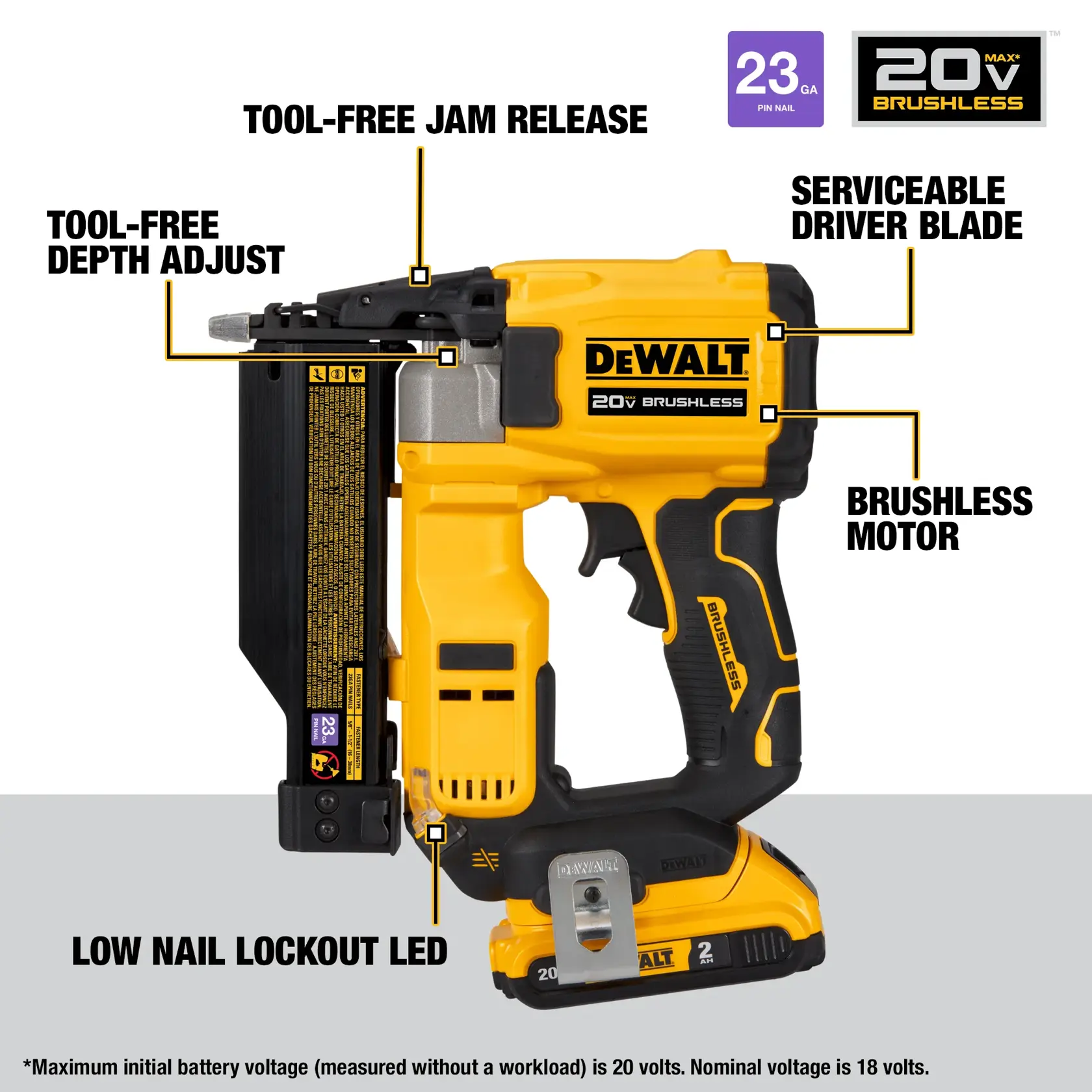 DEWALT® ATOMIC COMPACT SERIES™ 20V MAX* Brushless Cordless 23 Ga. Pin Nailer Kit