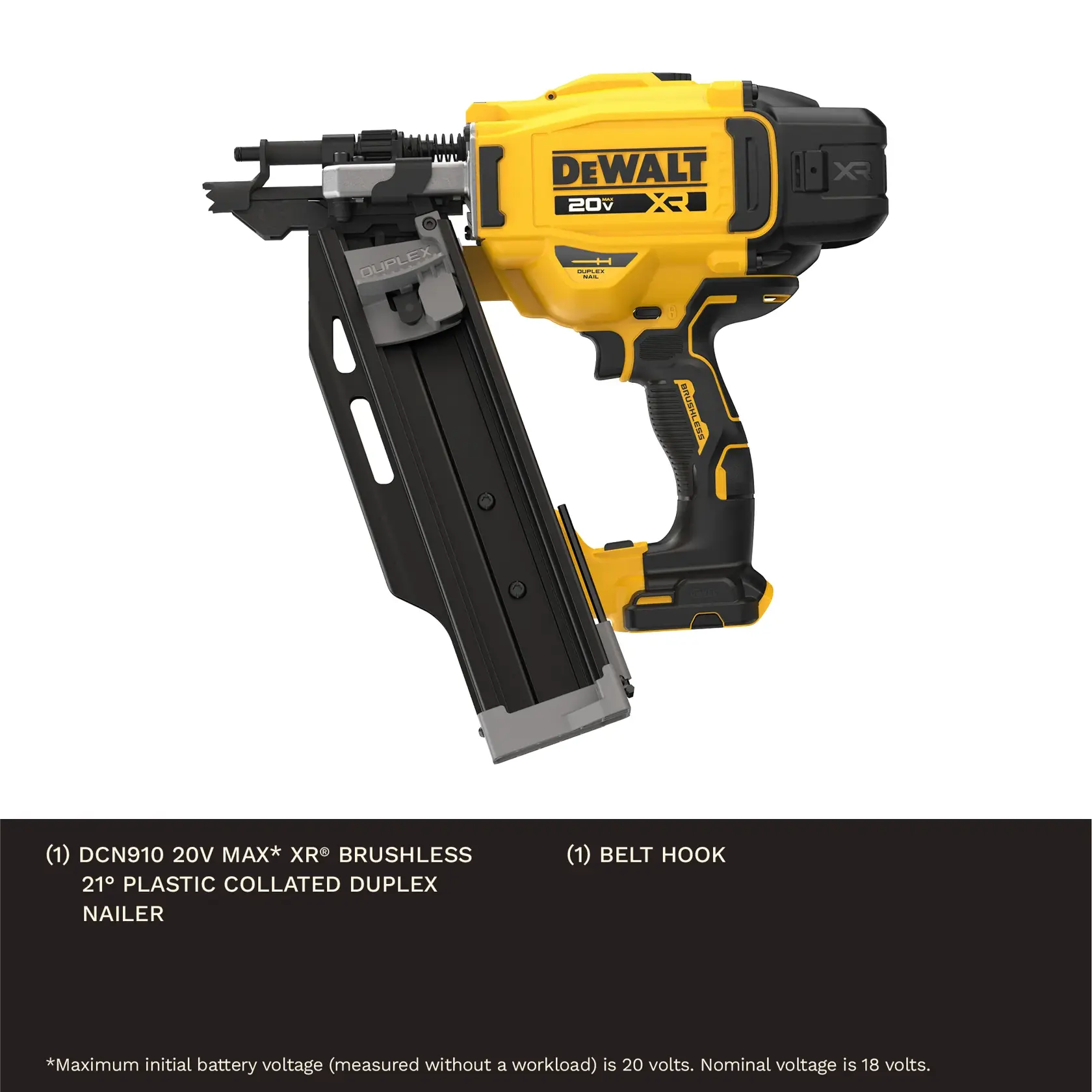 A DEWALT 20V MAX XR brushless 21-degree plastic collated duplex nailer with a yellow and black design. The nailer features a belt hook and is shown against a white background with a black section listing product specifications.