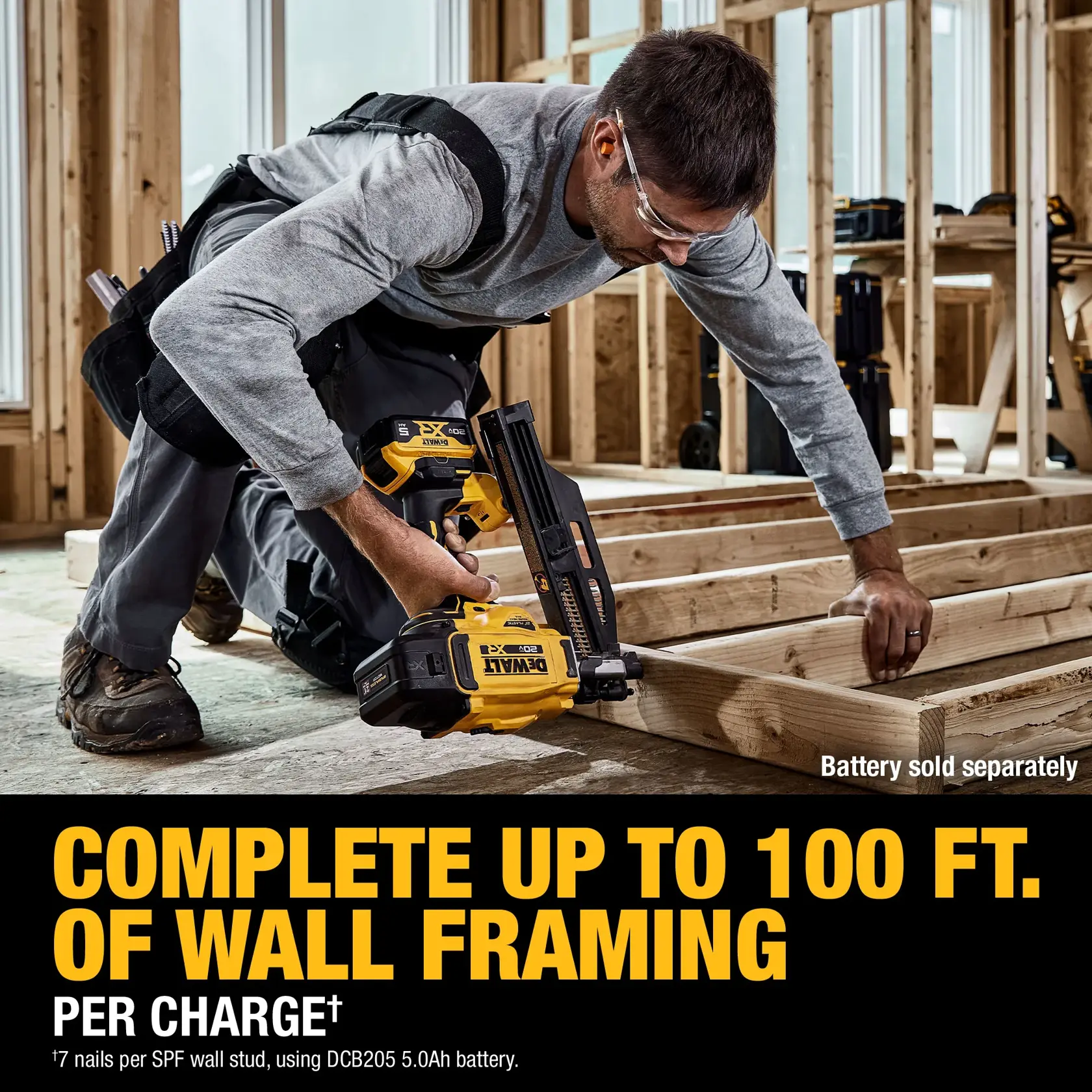 Complete up to 100ft. Of wall framing per charge†.rn†7 nails per SPF wall stud, using DCB205 5.0Ah battery