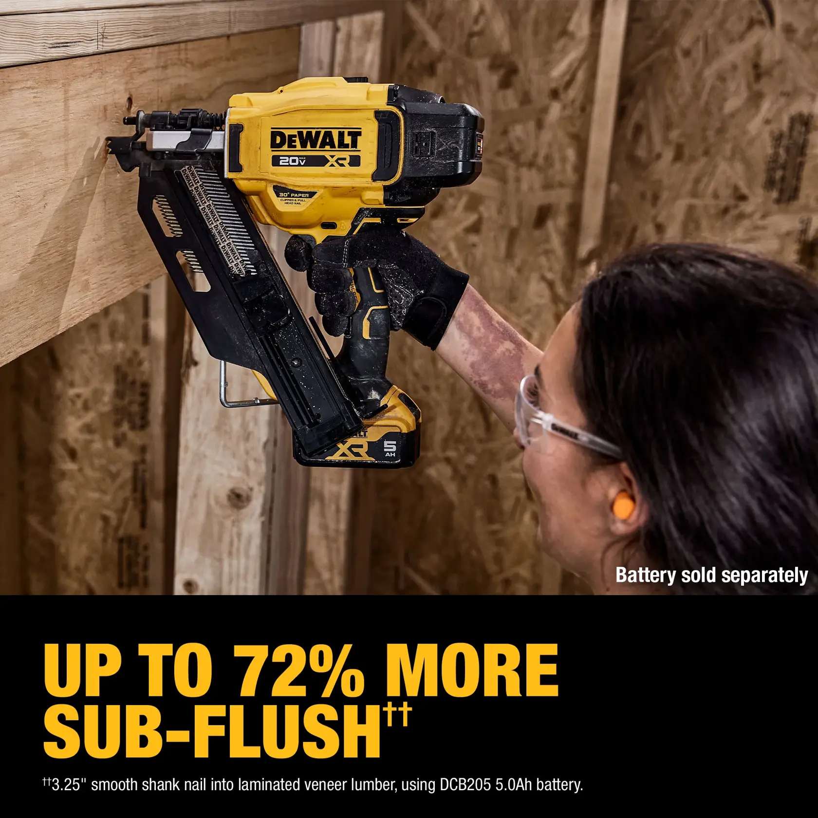 “UP TO 72% MORE SUB-FLUSH††rn††Using 3.25““ smooth shank nail into LVL, using DCB205 5.0Ah battery“