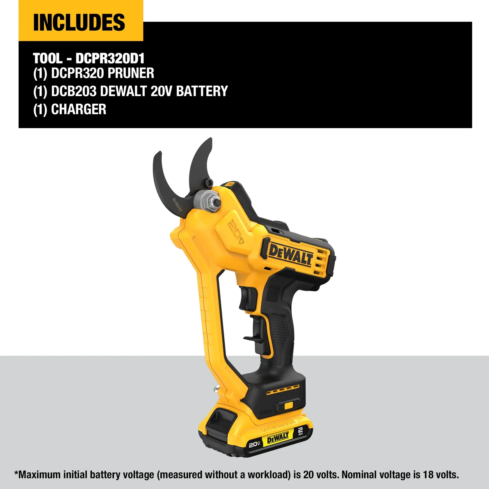 DEWALT(R) Cordless Pruner cutting branches, with text 1.5 inch cut capacity