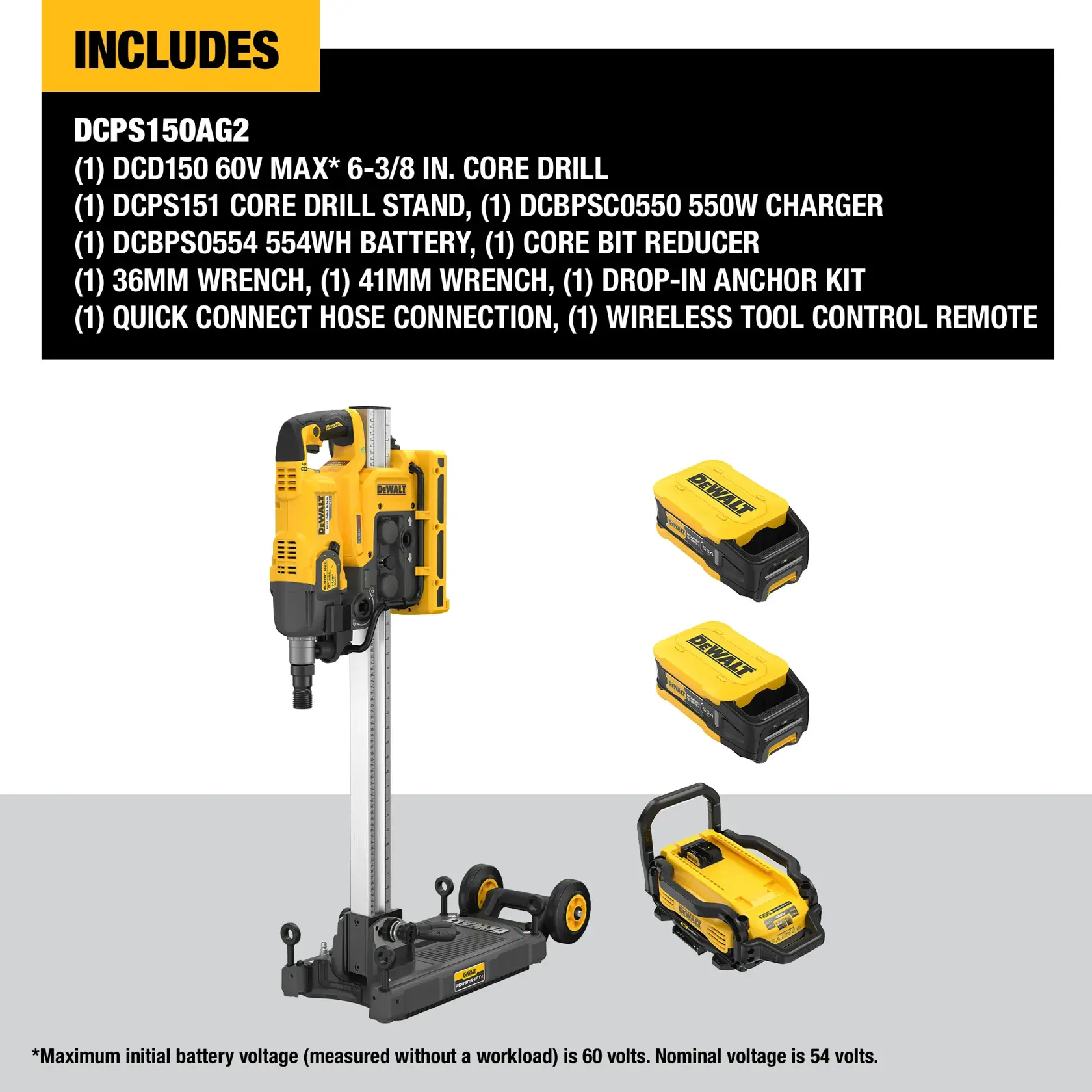 Kit includes graphic of DEWALT POWERSHIFT Core Drill Kit
