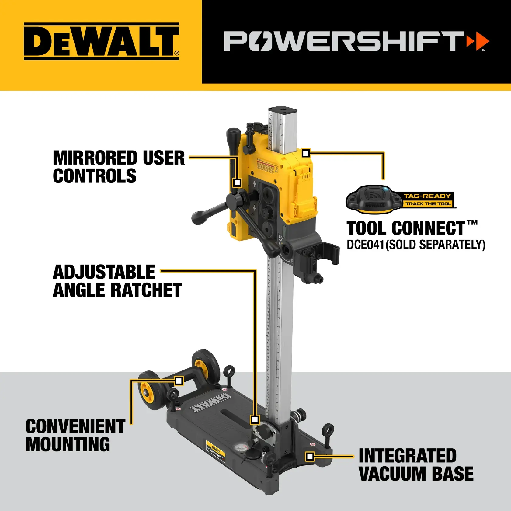 Walk around graphic of DEWALT POWERSHIFT Core Drill Stand