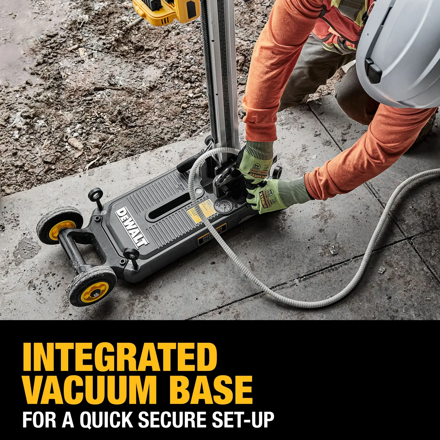 Image graphic of DEWALT POWERSHIFT Core Drill Stand to highlight integrated vacuum base