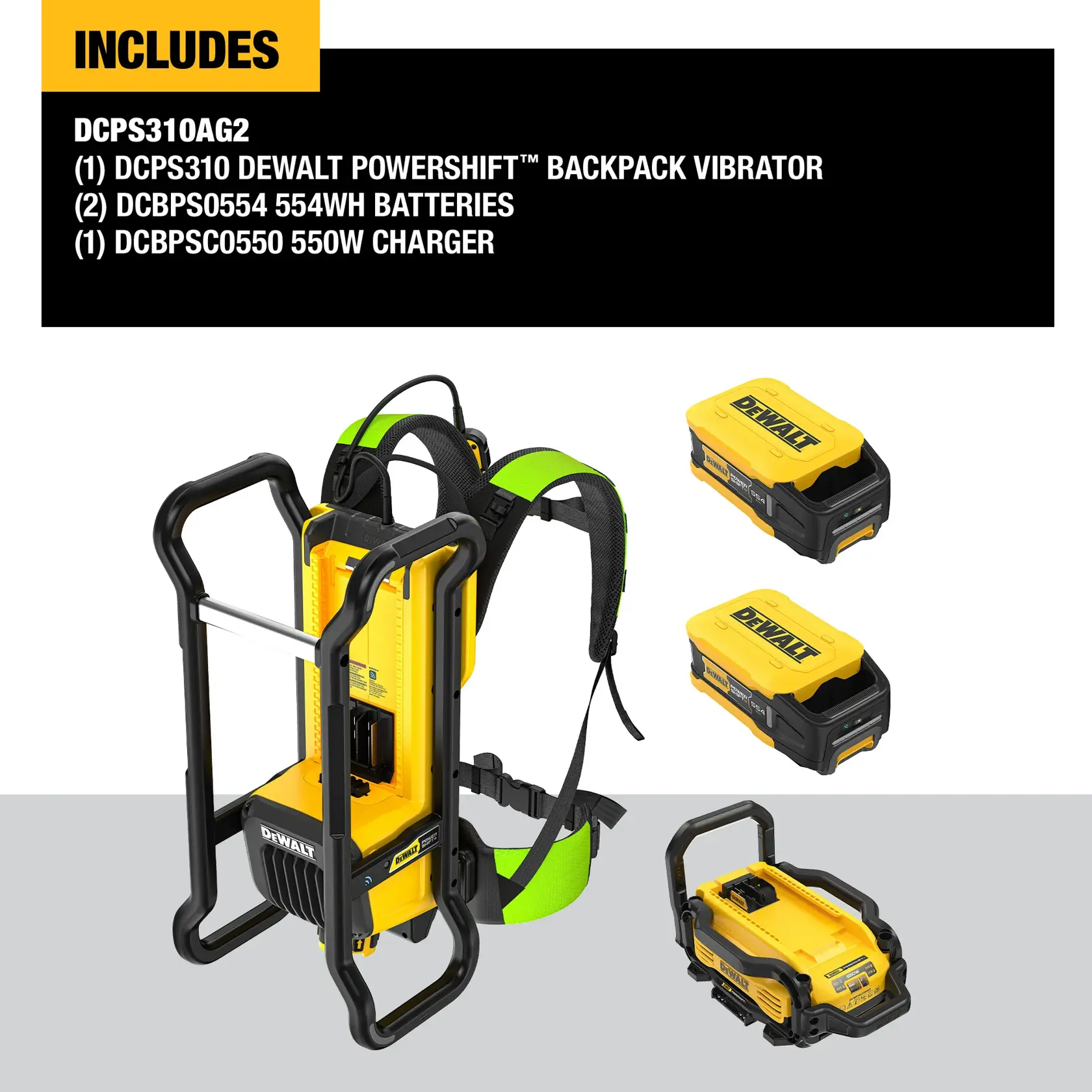 Kit includes graphic of DEWALT POWERSHIFT Backpack Vibrator Kit