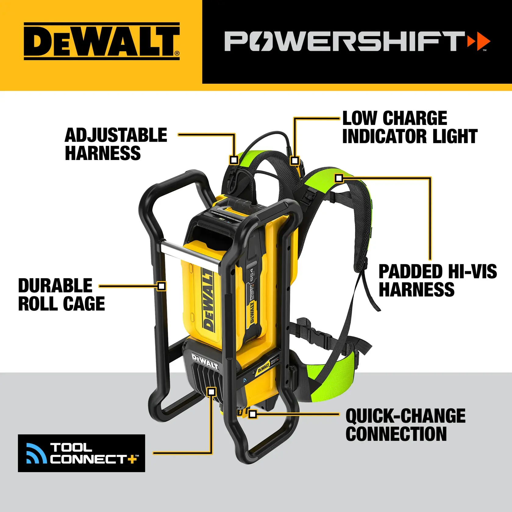Walk around graphic of DEWALT POWERSHIFT Backpack Vibrator Kit