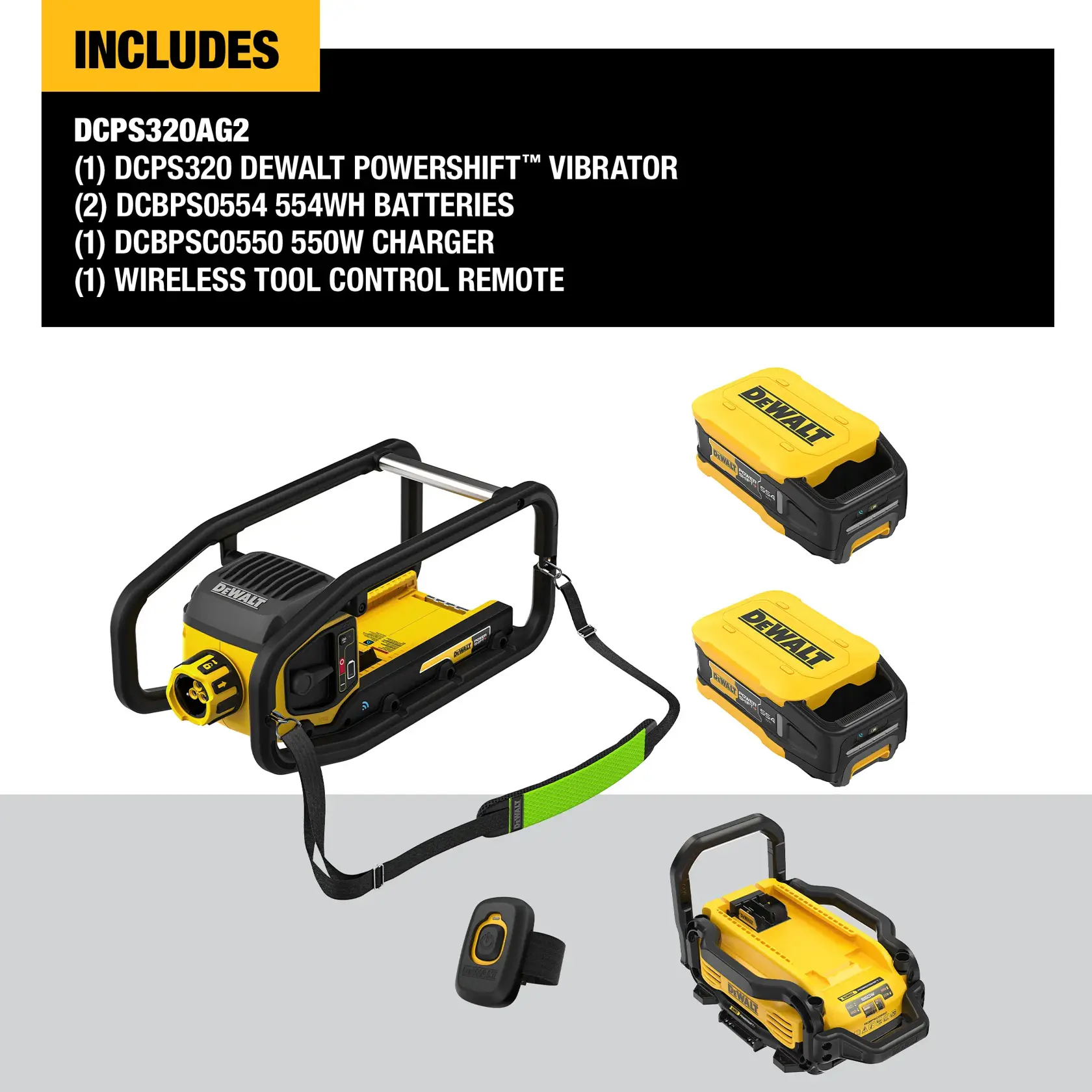Kit includes graphic of DEWALT POWERSHIFT Vibrator Kit