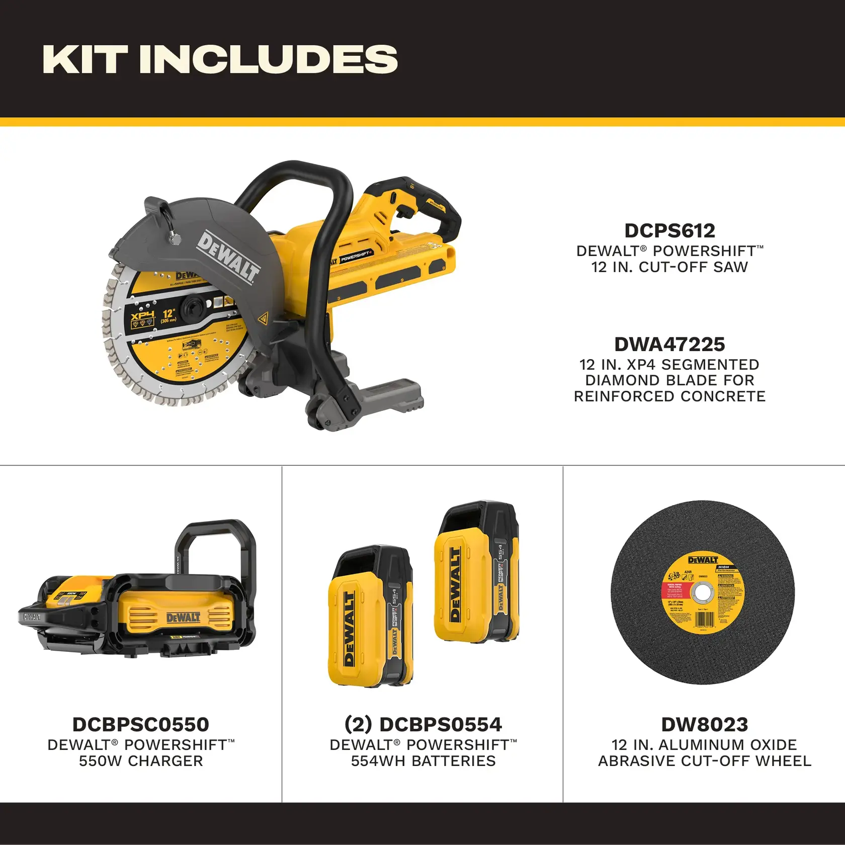 Photo of DEWALT DCPS612AG2 kit with cut-off saw, charger, two batteries, diamond blade, abrasive wheel.