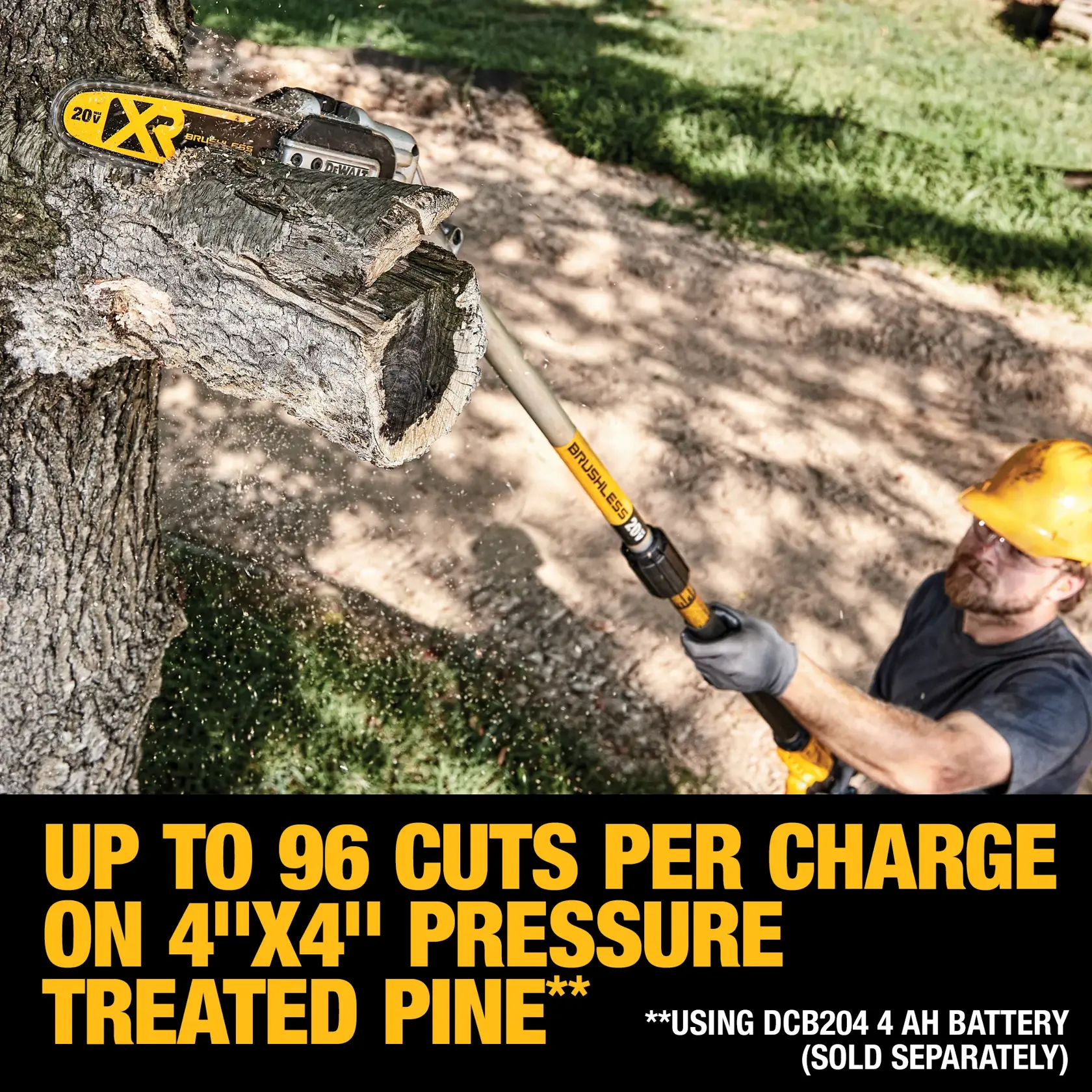 A DEWALT 20V XR cordless pole saw is being used to cut a thick tree branch. The text states 'Up to 96 cuts per charge on 4"x4" pressure treated pine' and notes that it uses the DCB204 4 AH battery, which is sold separately. A person wearing protective gear is operating the saw outdoors.