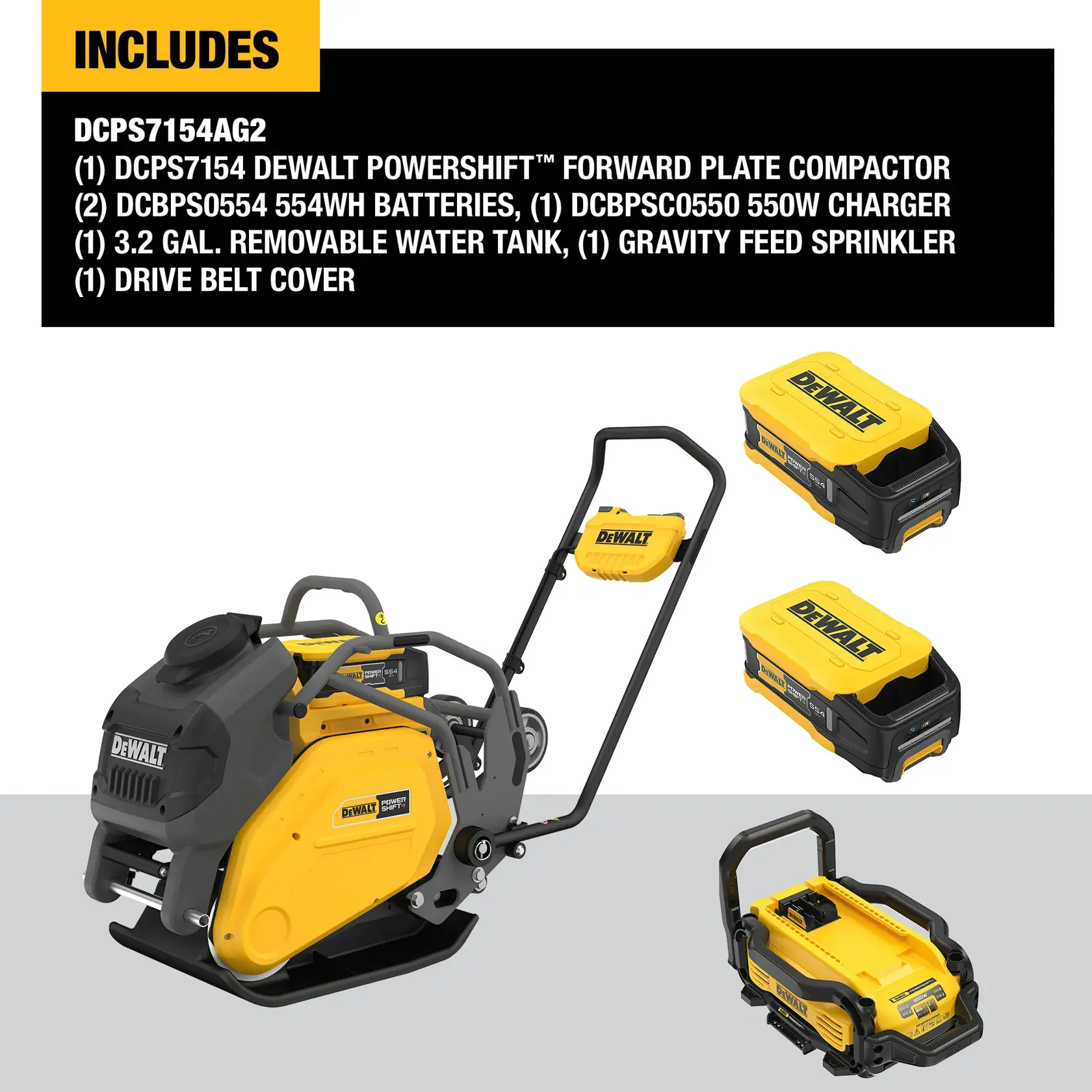 Kit includes graphic of DEWALT POWERSHIFT Plate Compactor Kit