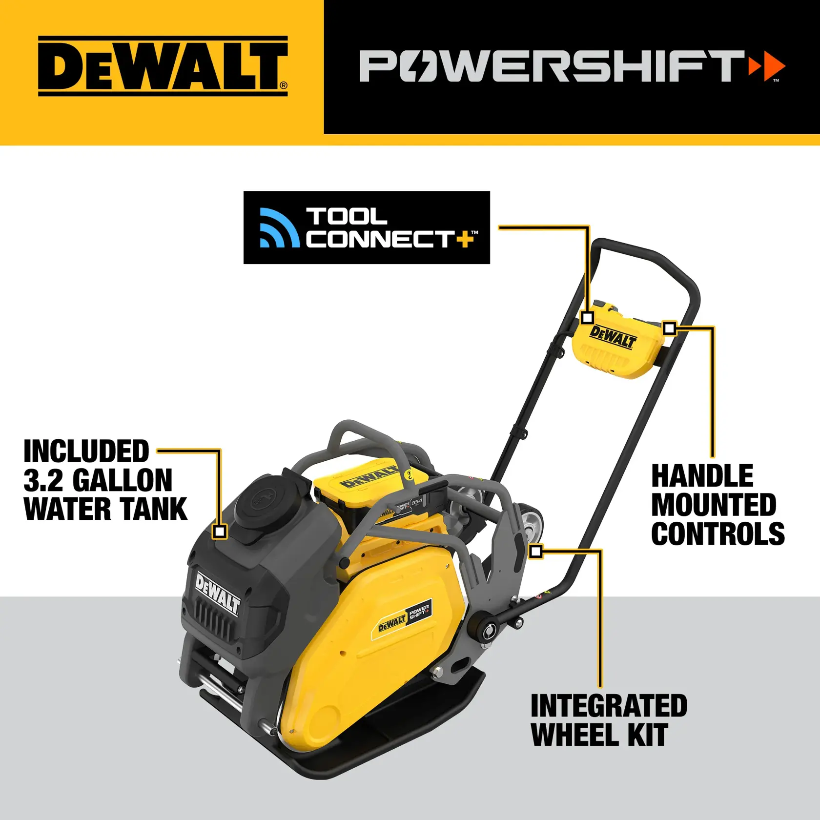 Walk around graphic of DEWALT POWERSHIFT Plate Compactor Kit