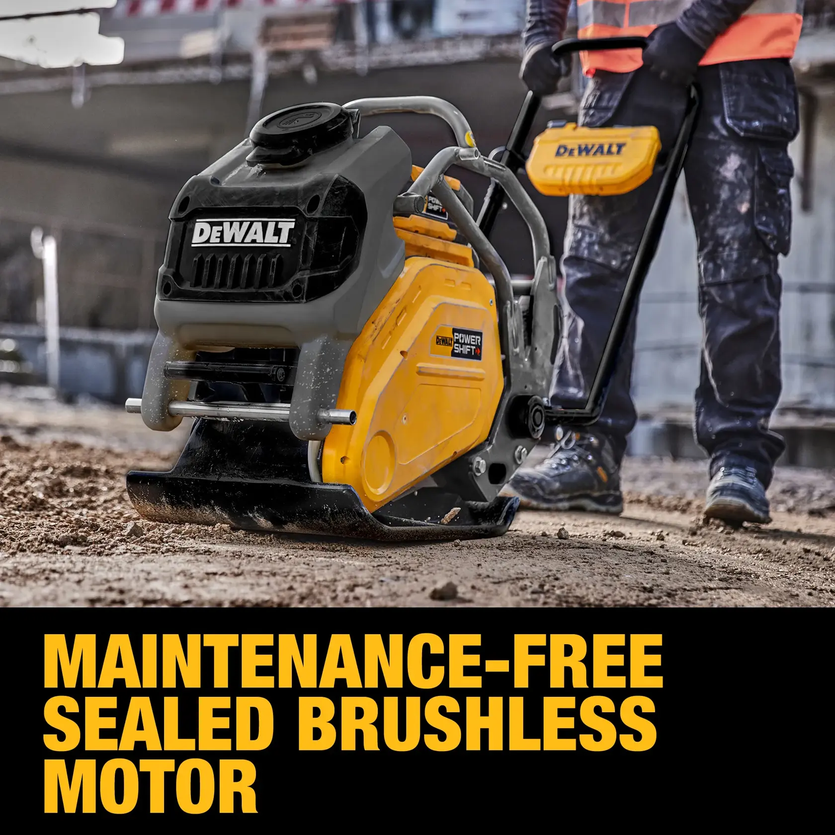 Image graphic of DEWALT POWERSHIFT Plate Compactor Kitnto highlight Maintenance-Free Sealed Brushless Motor