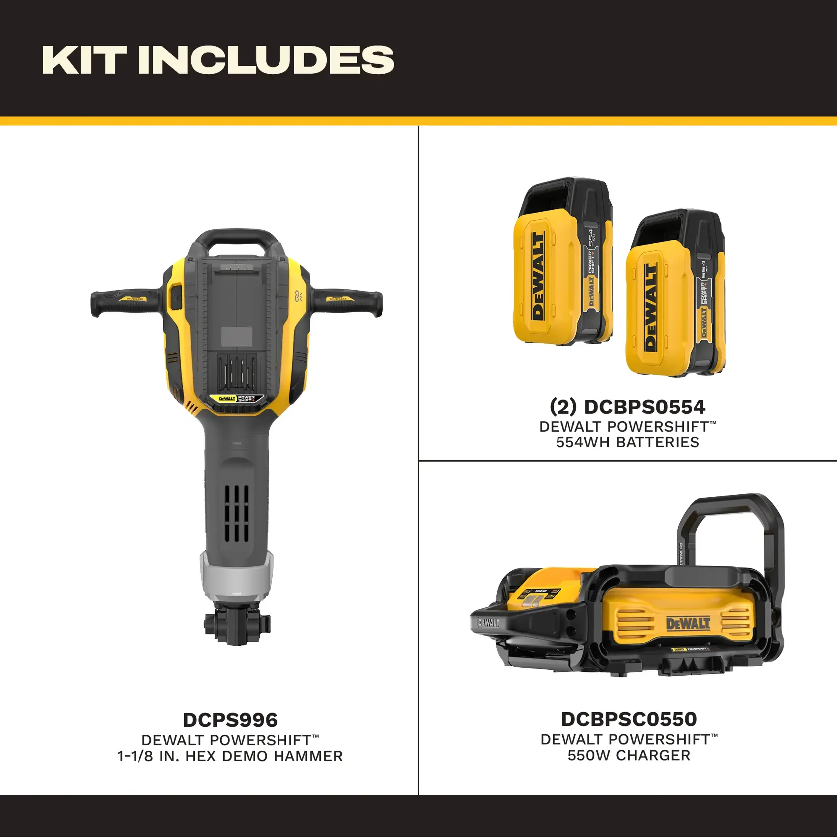 The image shows the contents of a DEWALT kit, including a DEWALT POWERSHIFT 1-1/8 inch hex demo hammer (DCPS996), two DEWALT POWERSHIFT 554Wh batteries (DCBPS0554), and a DEWALT POWERSHIFT 550W charger (DCBPSC0550).
