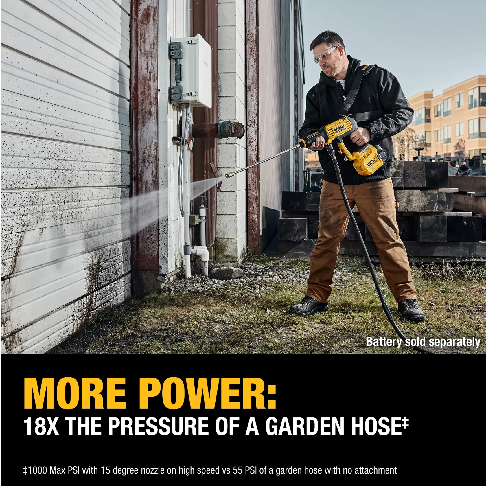 A person using a DEWALT portable pressure washer (model DCPW1000B) to clean the exterior of a building. The pressure washer is producing a strong water spray, removing dirt from a white metal wall. Text highlights the product's increased power compared to a garden hose. Battery is shown as sold separately.