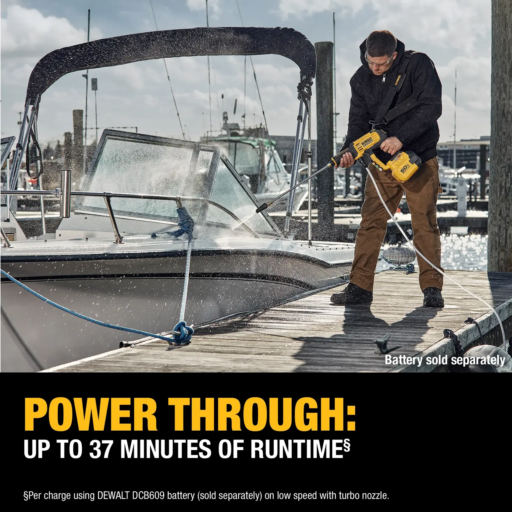 A person is using a DEWALT DCPW1000B cordless power washer to clean a boat docked at a marina. The image highlights the product's feature of up to 37 minutes of runtime per charge and notes that the battery is sold separately.