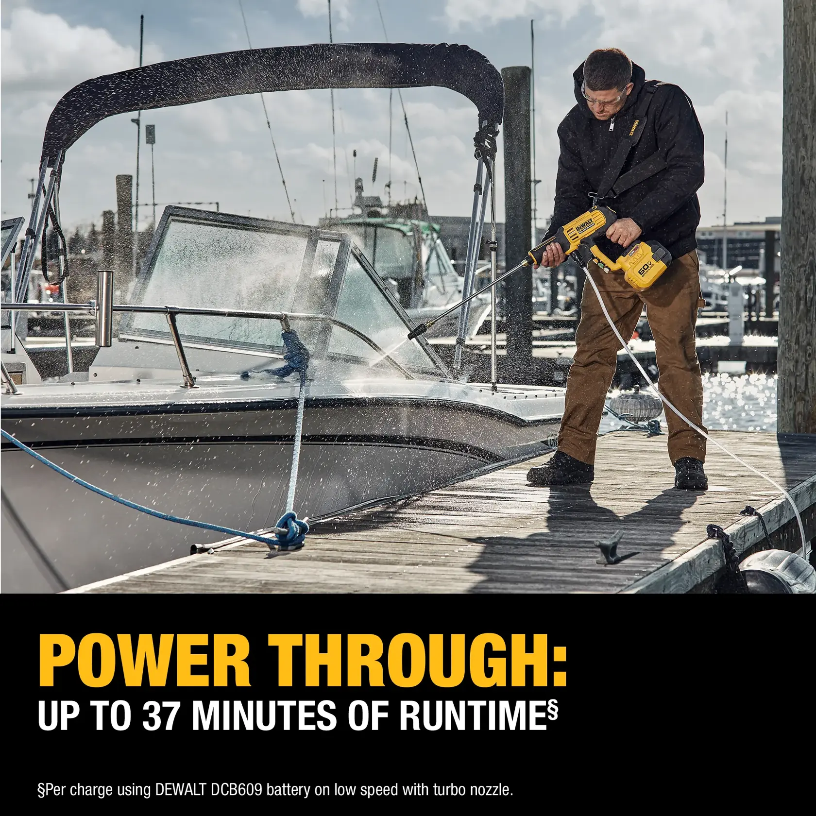 A person uses a yellow DEWALT cordless power washer (SKU: DCPW1000X1) to clean a boat docked at a marina. The person is standing on a wooden dock, spraying water onto the boat. The image includes large text that reads: 'POWER THROUGH: UP TO 37 MINUTES OF RUNTIME.' It mentions this runtime is based on using a DEWALT DCB609 battery on low speed with the turbo nozzle.