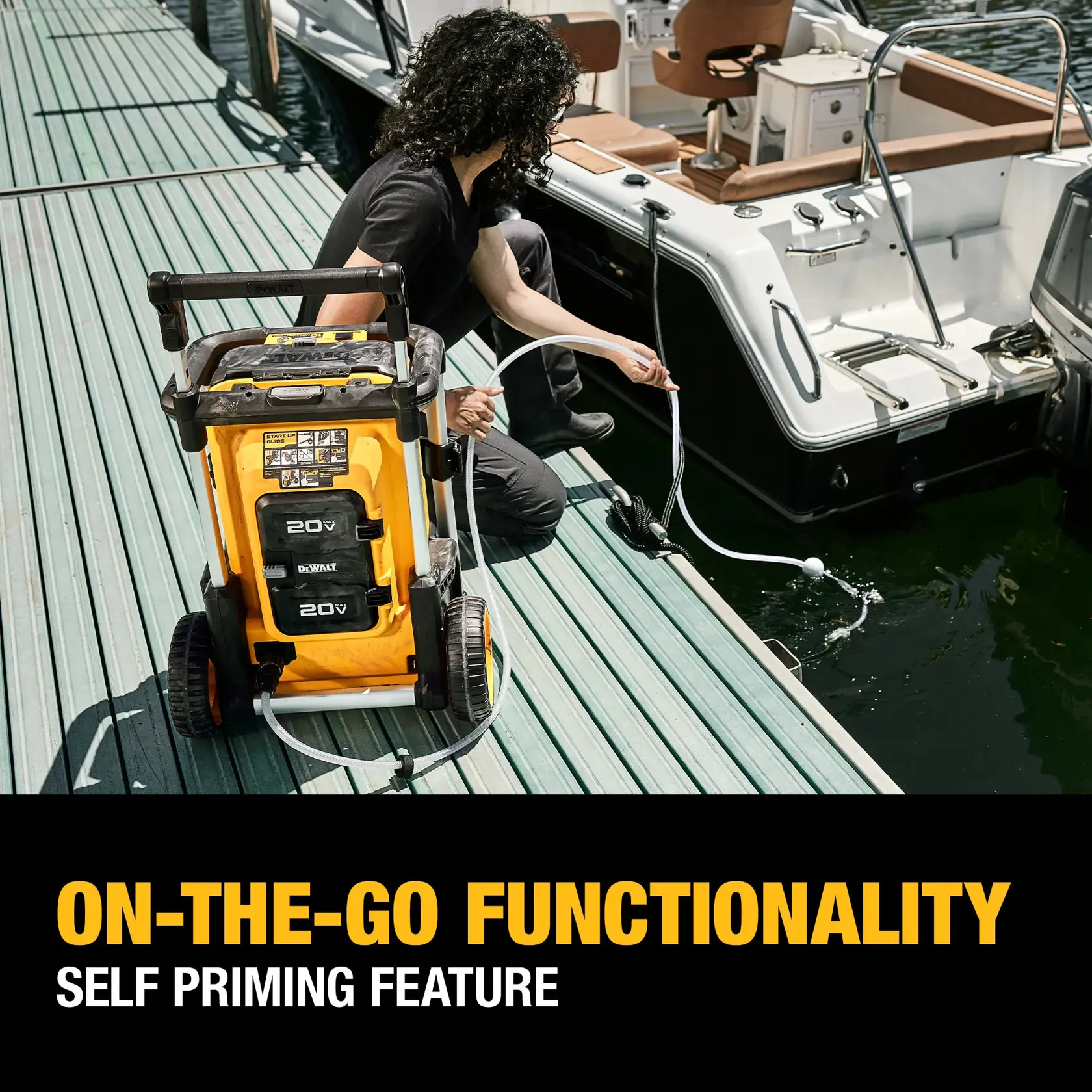 A person using a DEWALT portable pressure washer with 20V batteries on a dock next to a boat. The washer is equipped with a self-priming hose that is submerged in water. Text on the image highlights 'On-the-go functionality' and 'Self priming feature.'