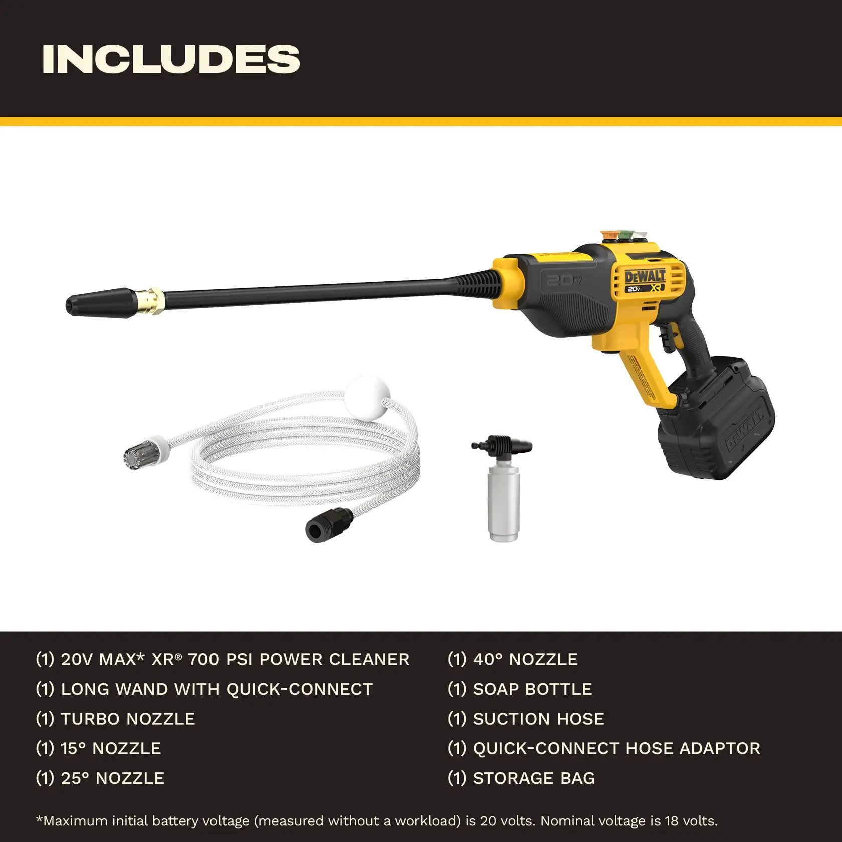DEWALT 20V power cleaner kit with wand, four nozzles, hose, soap bottle, adaptor, and storage bag shown.