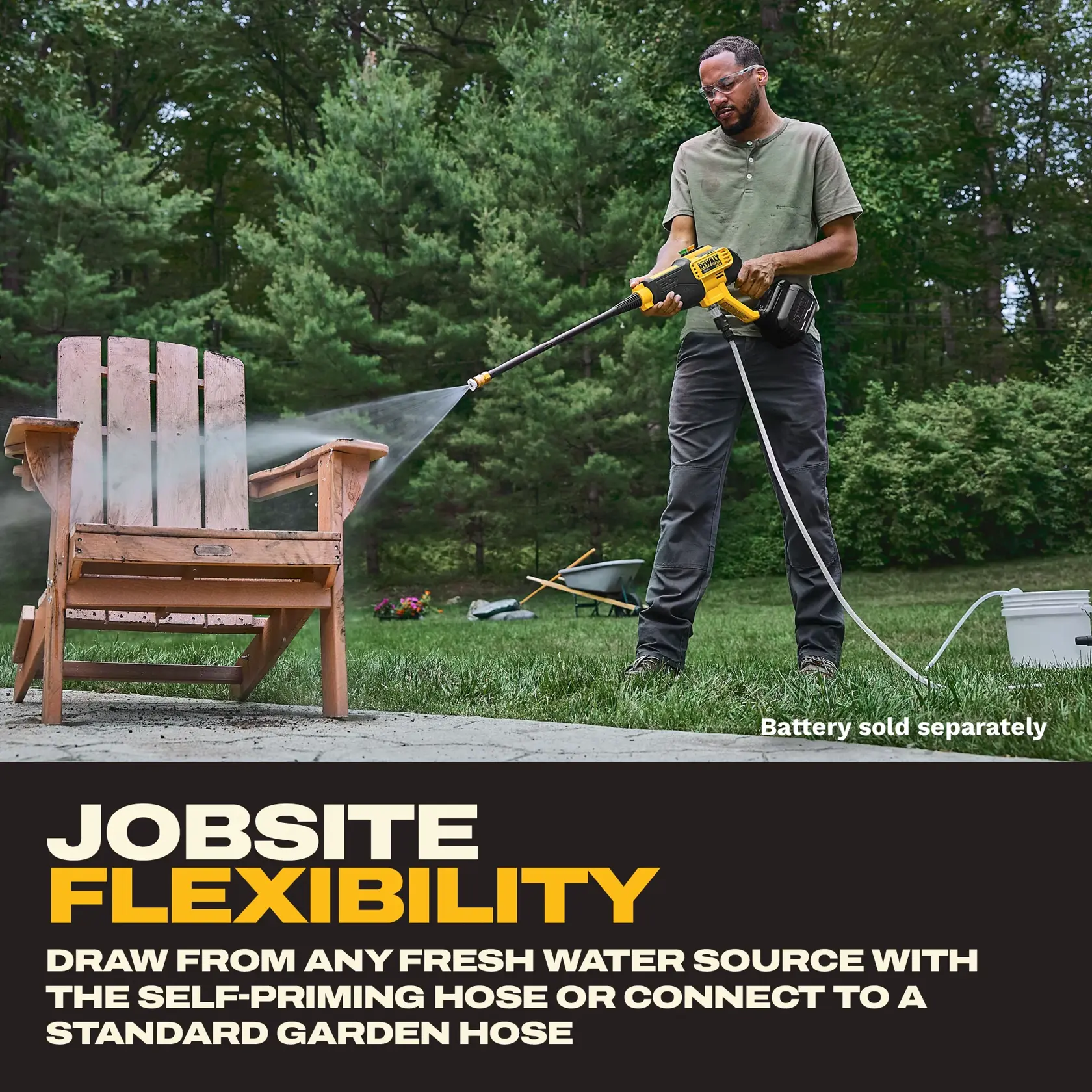 Person uses DEWALT DCPW700B power washer to clean outdoor chair with hose connected to bucket in yard.