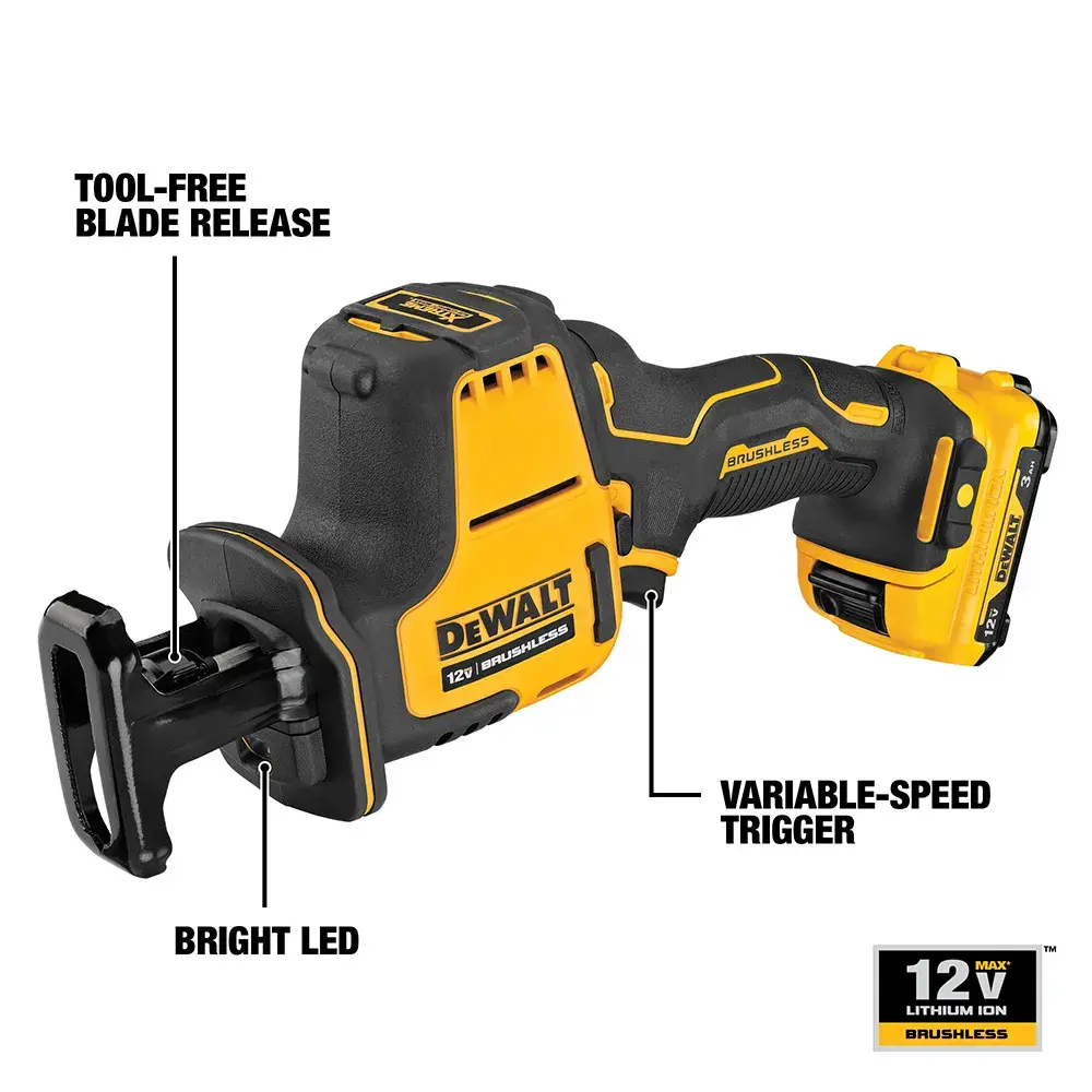 A DEWALT 12V cordless reciprocating saw with a black and yellow design is shown. Key features labeled on the image include a tool-free blade release, a bright LED light near the blade area, and a variable-speed trigger. There is also a small icon indicating a 12V lithium ion brushless motor.