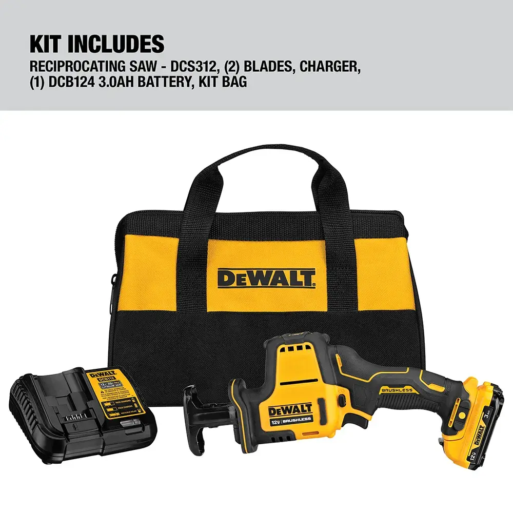DEWALT reciprocating saw kit including a yellow and black cordless reciprocating saw, a battery charger, a 3.0Ah battery, two blades, and a black and yellow DEWALT carrying bag. The background includes a label listing the kit contents.