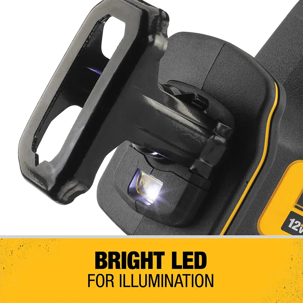 Close-up view of the DEWALT DCS312G1 power tool showcasing its bright LED light for illumination, with yellow branding and text stating 'Bright LED for illumination.'
