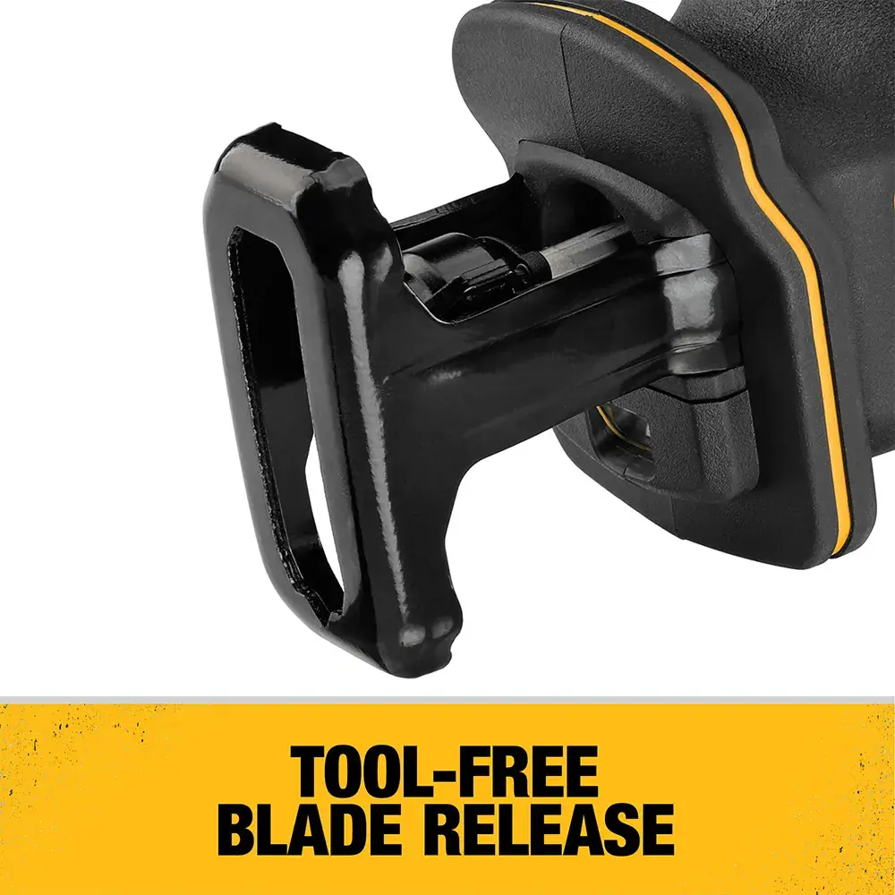 Close-up of a DEWALT reciprocating saw showing the tool-free blade release mechanism, with a yellow banner below that reads 'TOOL-FREE BLADE RELEASE'.