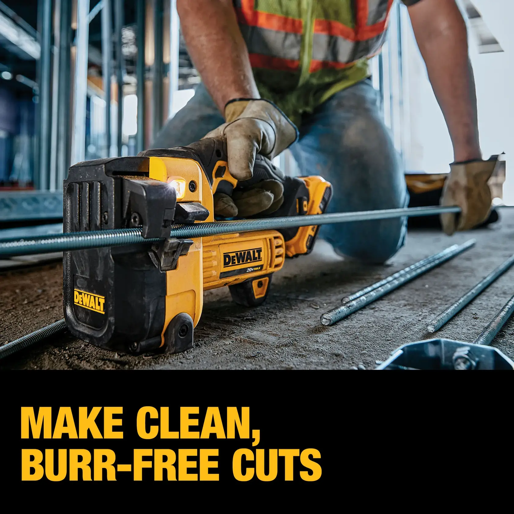 Threaded Rod Cutter being used by worker to cut a threaded steel rod at worksite