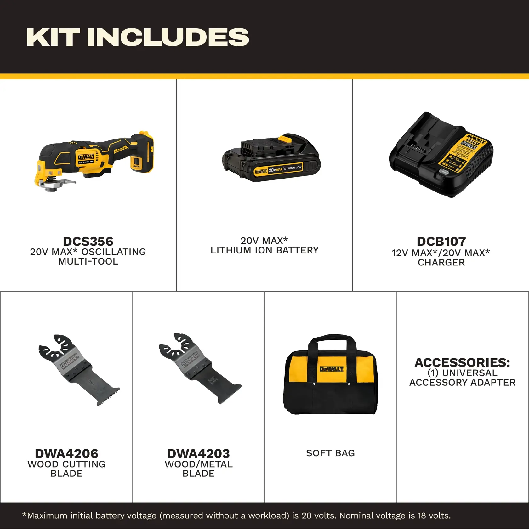 DEWALT DCS356C1 20V Max XR brushless oscillating multi-tool kit, including one multi-tool, a charger, a 20V Max battery, two wood blades, a universal accessory adapter, and a yellow and black DEWALT kit bag. All items are displayed together.