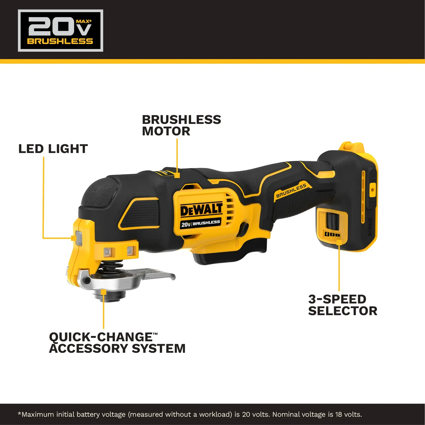 Image of a DEWALT 20V MAX XR brushless oscillating multi-tool. Features labeled include LED light, brushless motor, quick-change accessory system, and 3-speed selector.