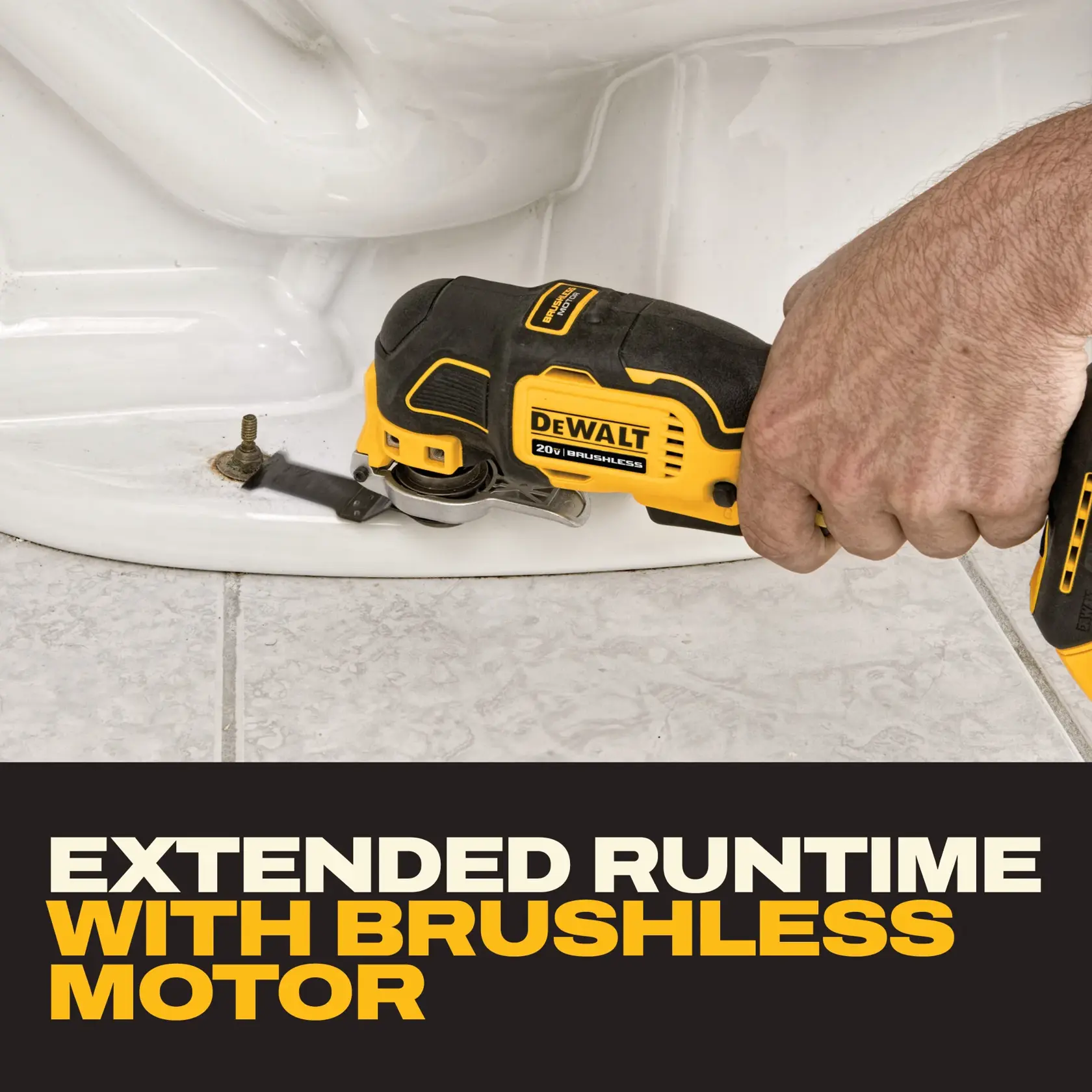 A person uses a DEWALT 20V brushless oscillating multi-tool to cut through a piece of trim or molding near a window.