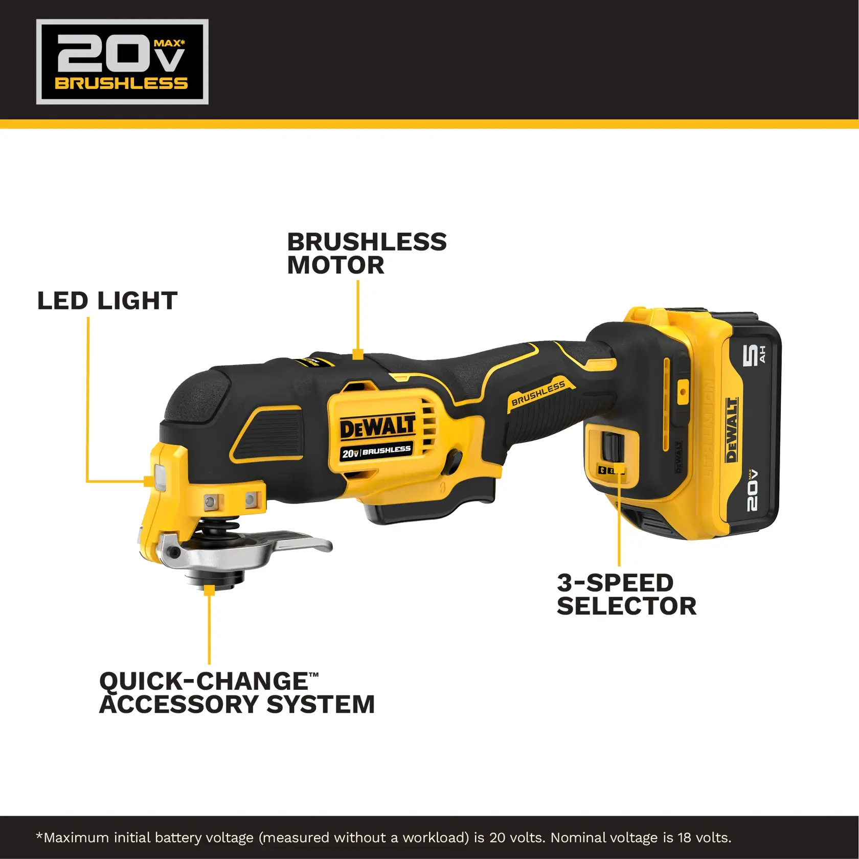 Product image of a DEWALT 20V Max Brushless Oscillating Multi-Tool, highlighting features including LED light, brushless motor, quick-change accessory system, and 3-speed selector. The tool is shown with a 20V battery attached.