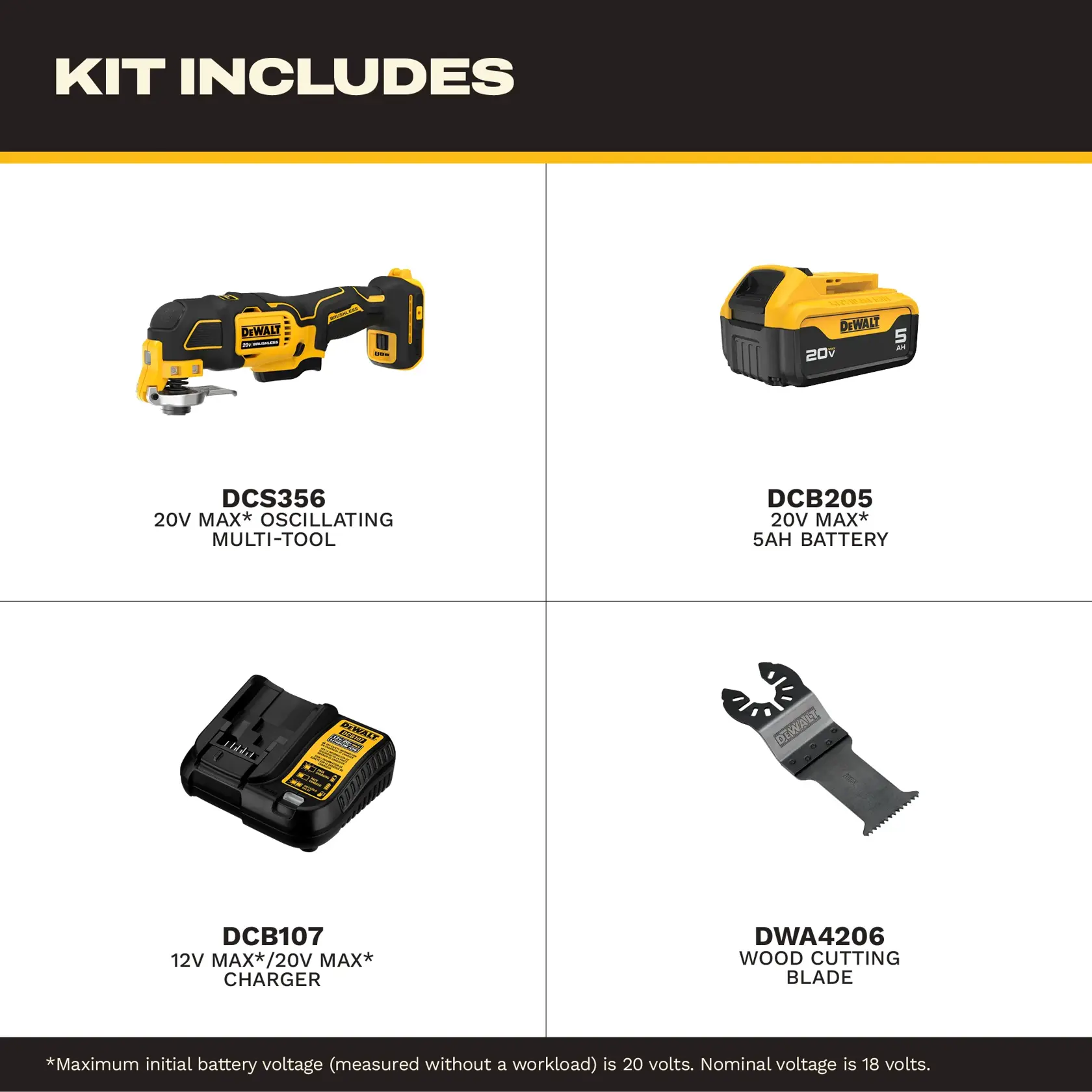 Image showing contents included in a DEWALT kit: a DCS356 20V MAX oscillating multi-tool, a DCB205 20V MAX 5Ah battery, a DCB107 12V MAX/20V MAX charger, and a DWA4206 wood cutting blade. Text notes that maximum initial battery voltage is 20 volts, nominal voltage is 18 volts.