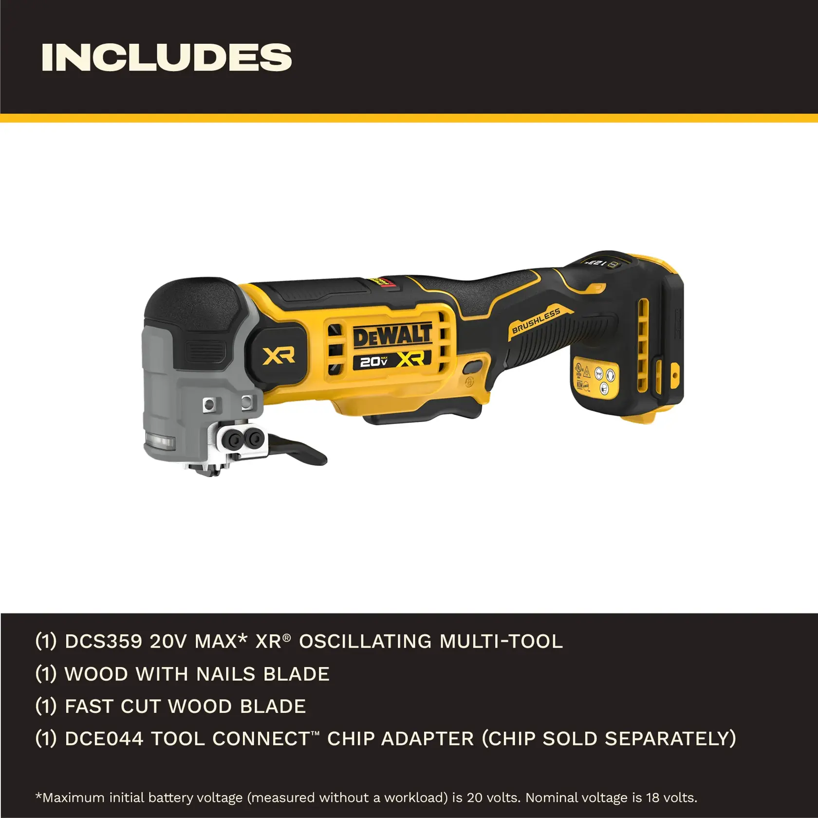 DEWALT 20V MAX XR oscillating multi-tool with brushless motor, shown with accessory blades and a tool connect chip adapter. Includes descriptions of accessories: wood with nails blade, fast cut wood blade, and tool connect chip adapter (chip sold separately).