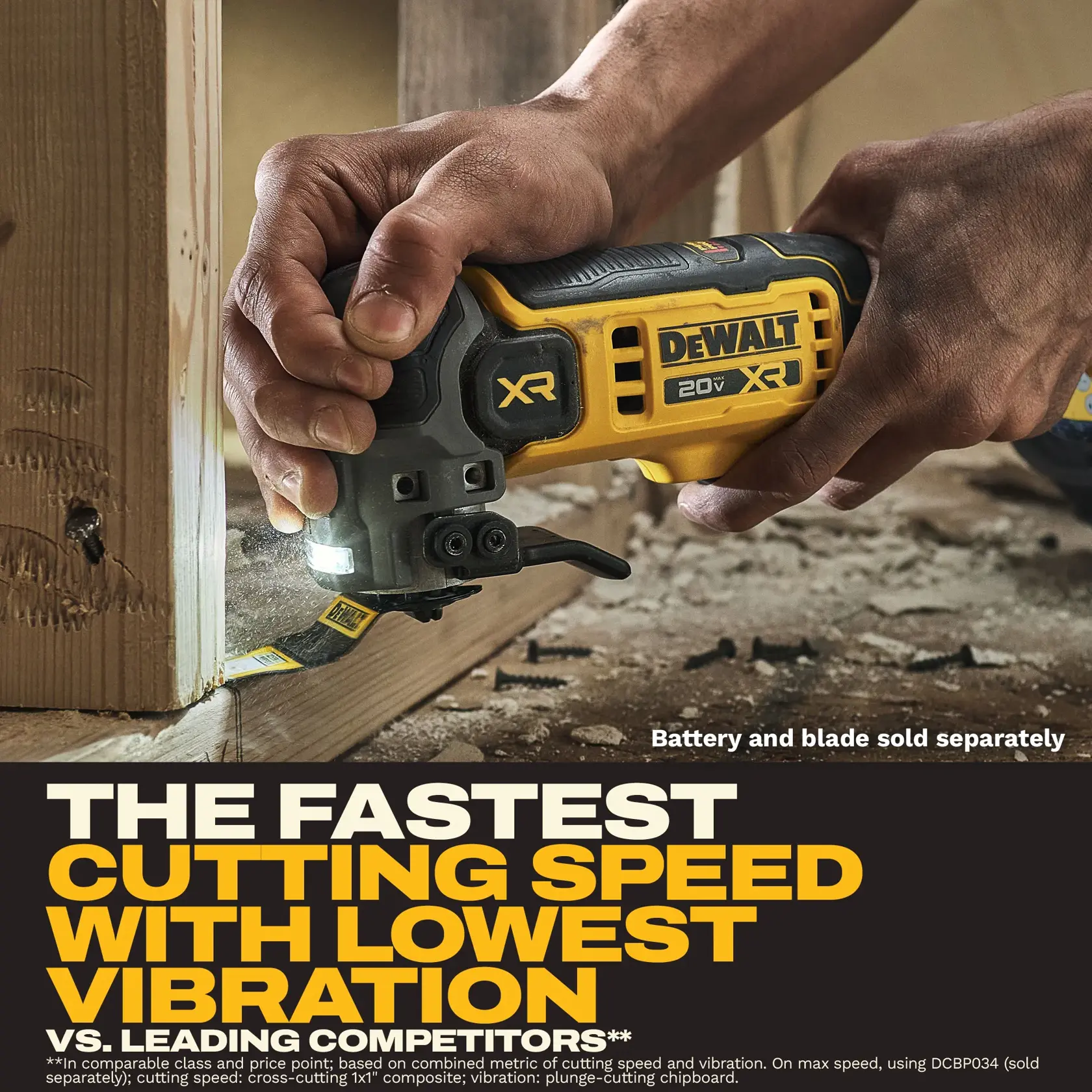 A person is using a DEWALT 20V XR oscillating multi-tool to cut wood. The tool emits a light near the blade, and the image contains the message 'The fastest cutting speed with lowest vibration vs. leading competitors.' It also states 'Battery and blade sold separately.'