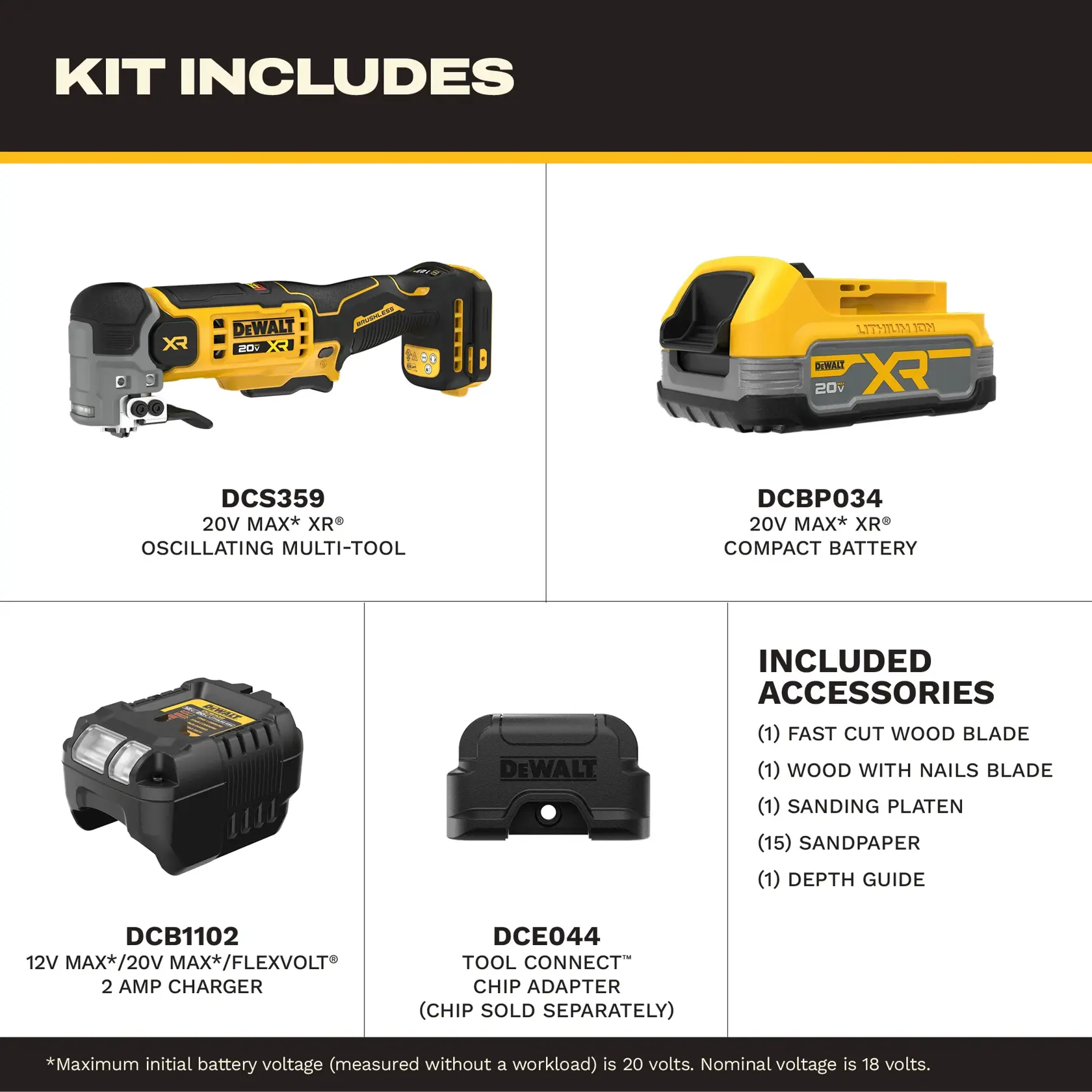 Image showing the contents of a DEWALT kit, which includes: DCS359 20V MAX XR oscillating multi-tool, DCBP034 20V MAX XR compact battery, DCB1102 12V/20V MAX/Flexvolt 2 amp charger, DCE044 Tool Connect chip adapter (chip sold separately), and accessories such as fast cut wood blade, wood with nails blade, sanding platen, 15 sandpaper sheets, and a depth guide.