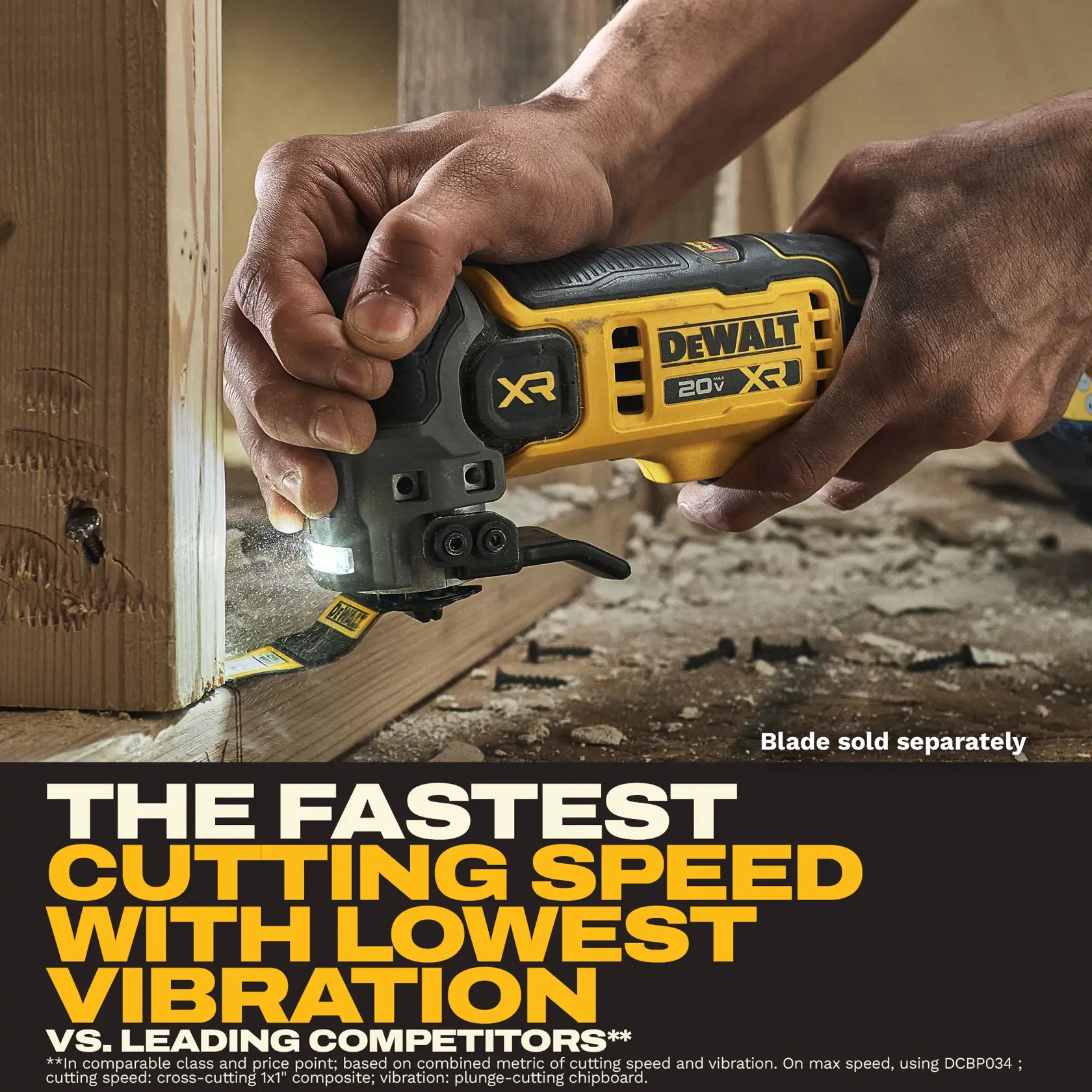 A person uses a DEWALT 20V XR oscillating multi-tool to cut wood near the floor, with a close-up of their hands holding the tool. The advertisement highlights the tool's fast cutting speed and low vibration compared to competitors.