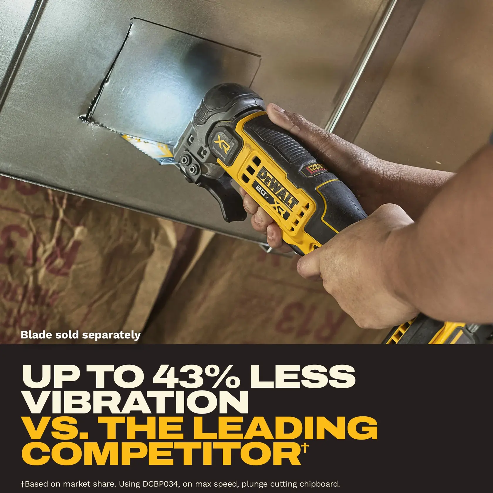 A DEWALT 20V XR oscillating multi-tool is being used to cut a square shape into a metal sheet. The tool is held by hands and highlighted with promotional text stating 'Up to 43% less vibration vs. the leading competitor.'