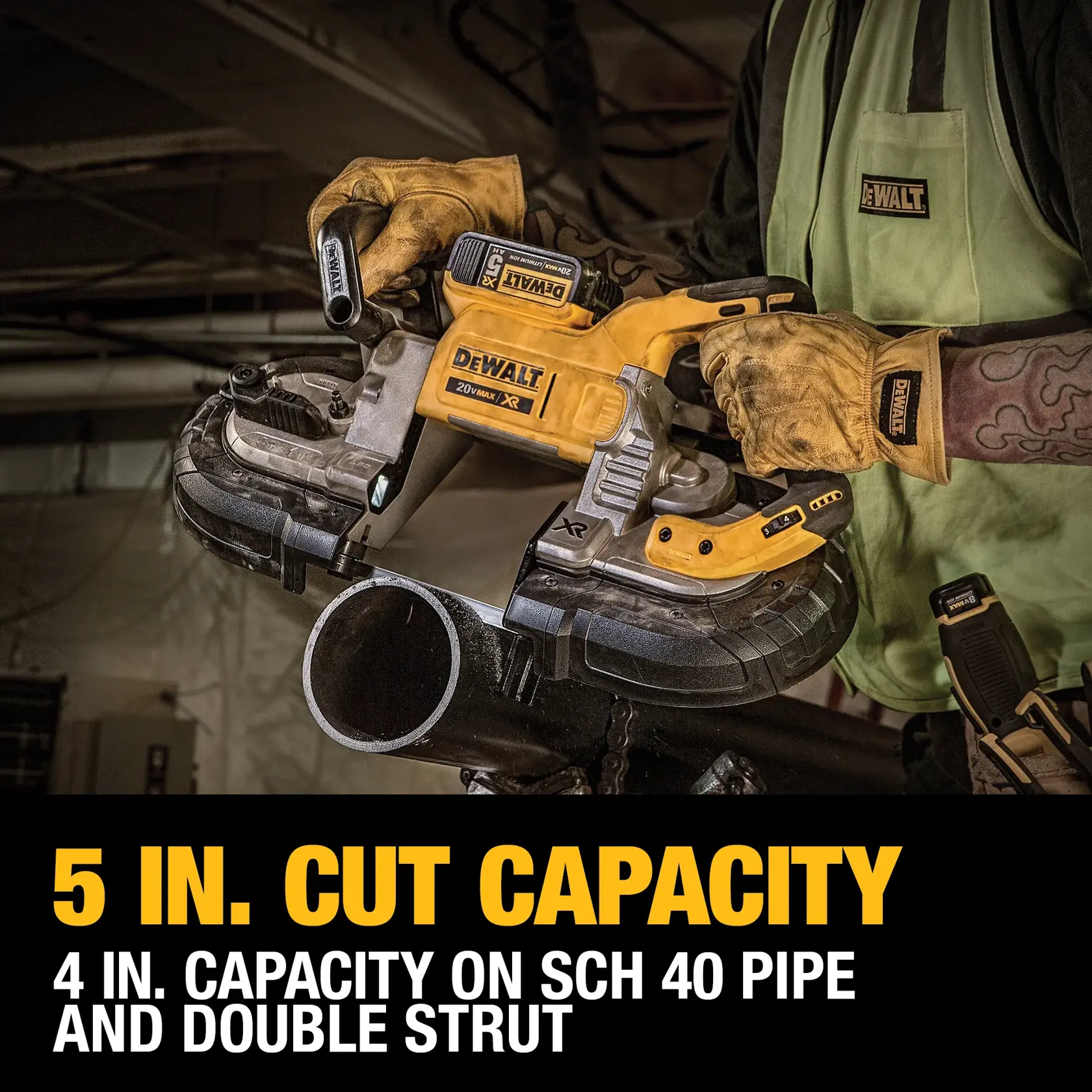 XR Brushless Deep Cut Band Saw being used by worker to cut steel rod at worksite