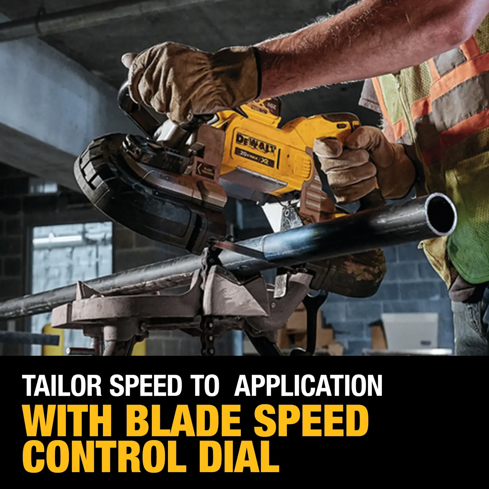 Close up of 5 inch Dual Switch Band Saw being used by worker to cut metal pipe