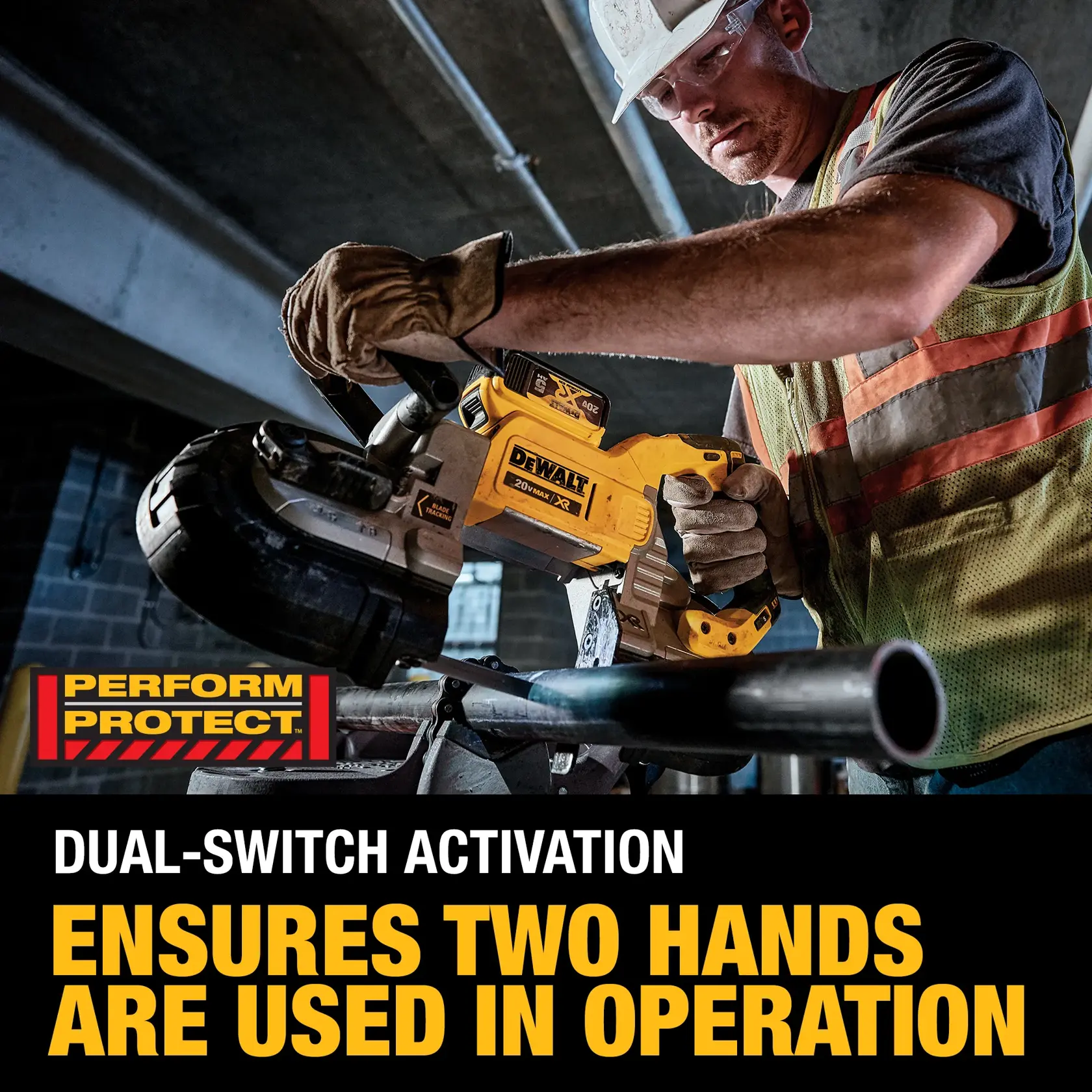 Close up of 5 inch Dual Switch Band Saw being used by worker to cut metal pipe