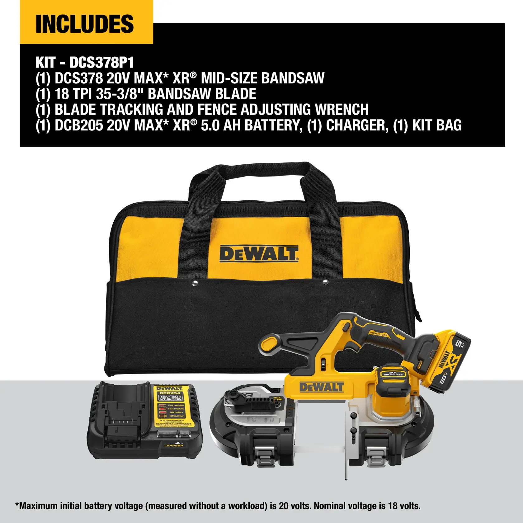 Carousel graphic of DEWALT 20V* XR® Mid-Size Bandsaw with 5AH Battery on white background detailing what the kit includes.